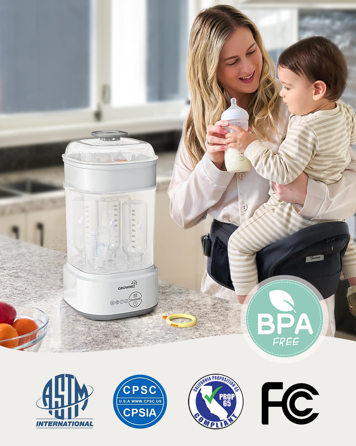 GROWNSY Compact Electric Baby Bottle Sterilizer and Dryer - Steam Sanitizer for Bottles, Pacifiers & Breast Pump Parts | Perfect for Nursery, Travel & Daycare Use