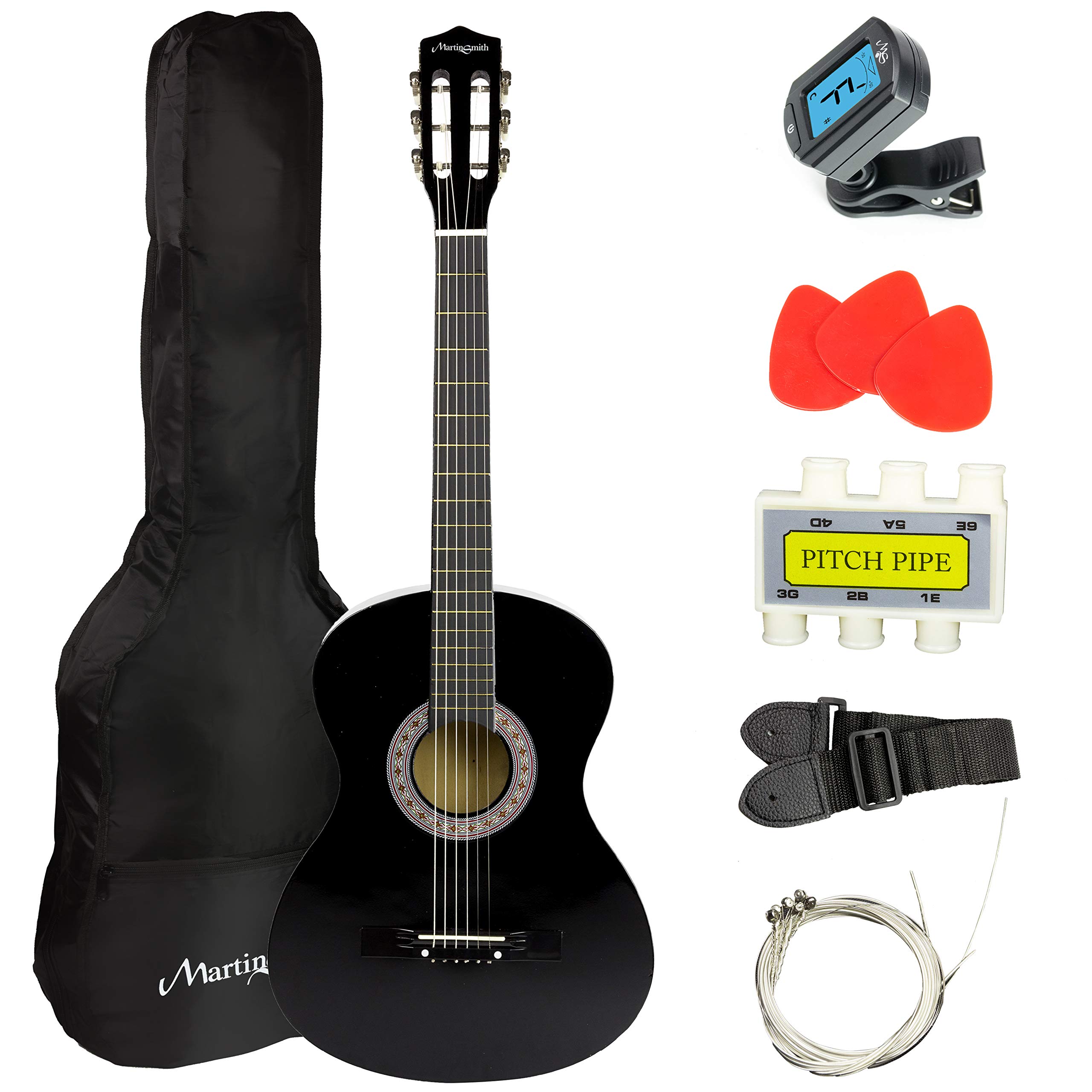 Martin Smith 38 Inch Acoustic Guitar Full Kit - Black with Hard Case, Tuner, Strap, Picks & Extra Strings | Includes 2 Months Free Online Lessons | Perfect for Beginners, Travel & Camping Performances