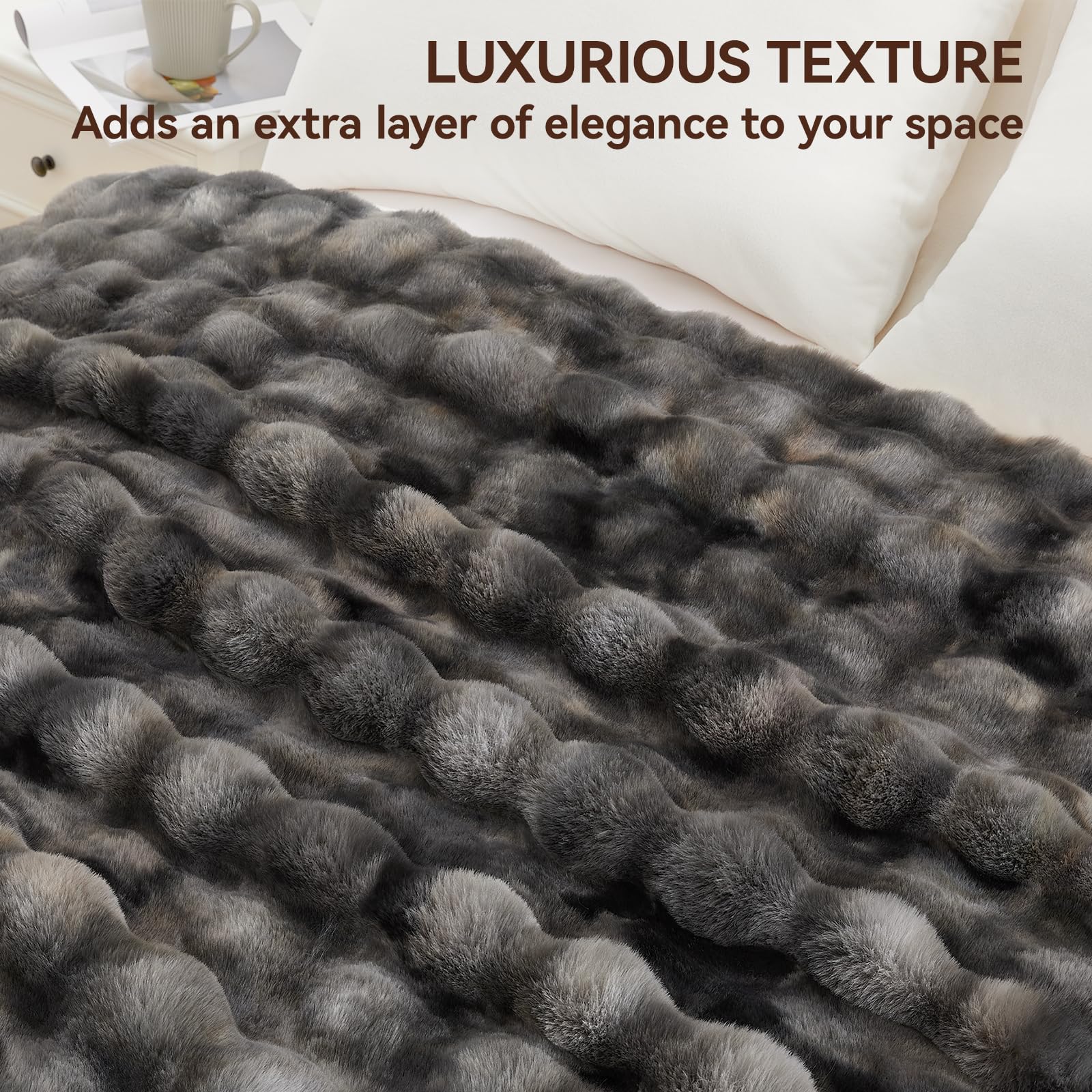 Faux Fur Throw Blanket 50x60 Inches - Ultra Soft 1000GSM Plush Blanket for Couch, Bed & Sofa - Warm Cozy Rabbit Lola Blanket in Tie-Dye Grey - Perfect for Living Room, Bedroom & Winter Nights