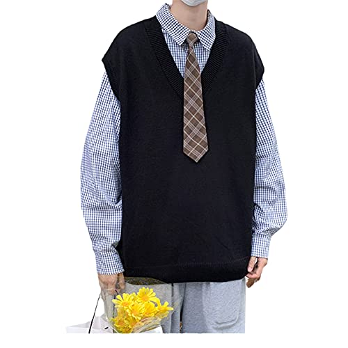 Men's Patchwork V-Neck Sleeveless Sweater Vest - Korean Style Baggy Knit Winter Casual Wear for Layering & Street Fashion