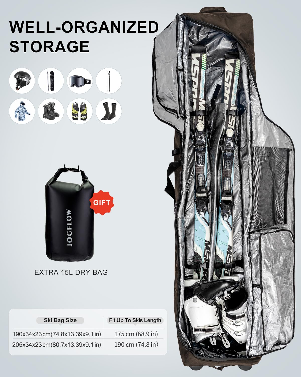 360° Padded Ski Bag with Wheels - 1200D Waterproof Travel Ski Case for Airplanes (Fits 1-2 Pairs of Skis) - Durable 10mm Pearl Cotton Protection for Ski Equipment - Perfect for Air Travel & Winter Sports Gear Storage