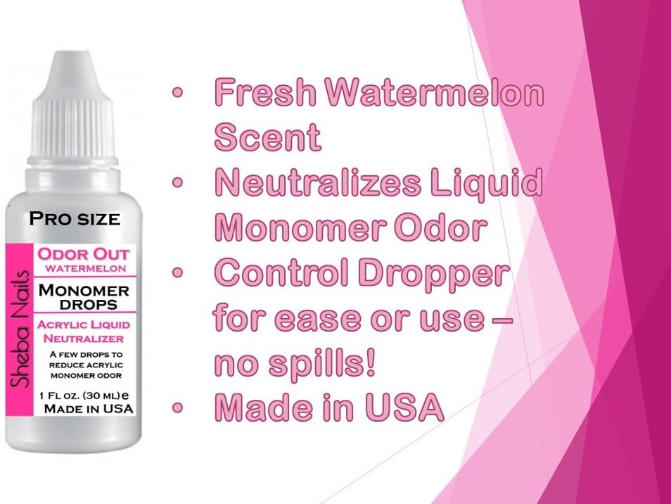SHEBA NAILS Odor Out Monomer Drops Acrylic Liquid Neutralizer - 1 oz Watermelon Scent for Reducing Monomer Smell in Nail Extensions | DIY Manicure & Professional Nail Salon Use | Perfect for Home Nail Art and Acrylic Application