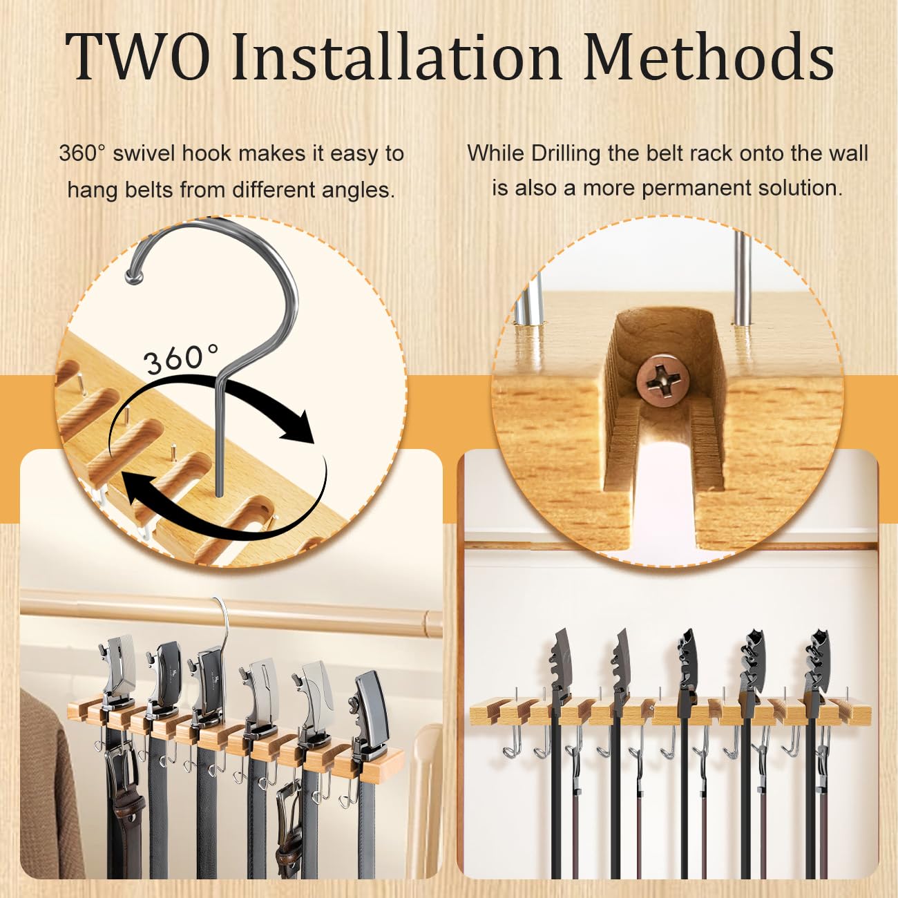 2-in-1 Wooden Belt Hanger & Wall Mount Organizer - 12 Slots & 11 Hooks for Ratchet Belts - Space Saving Closet Storage Solution for Men's Accessories - Perfect for Bedroom, Walk-in Closet and Dorm Organization