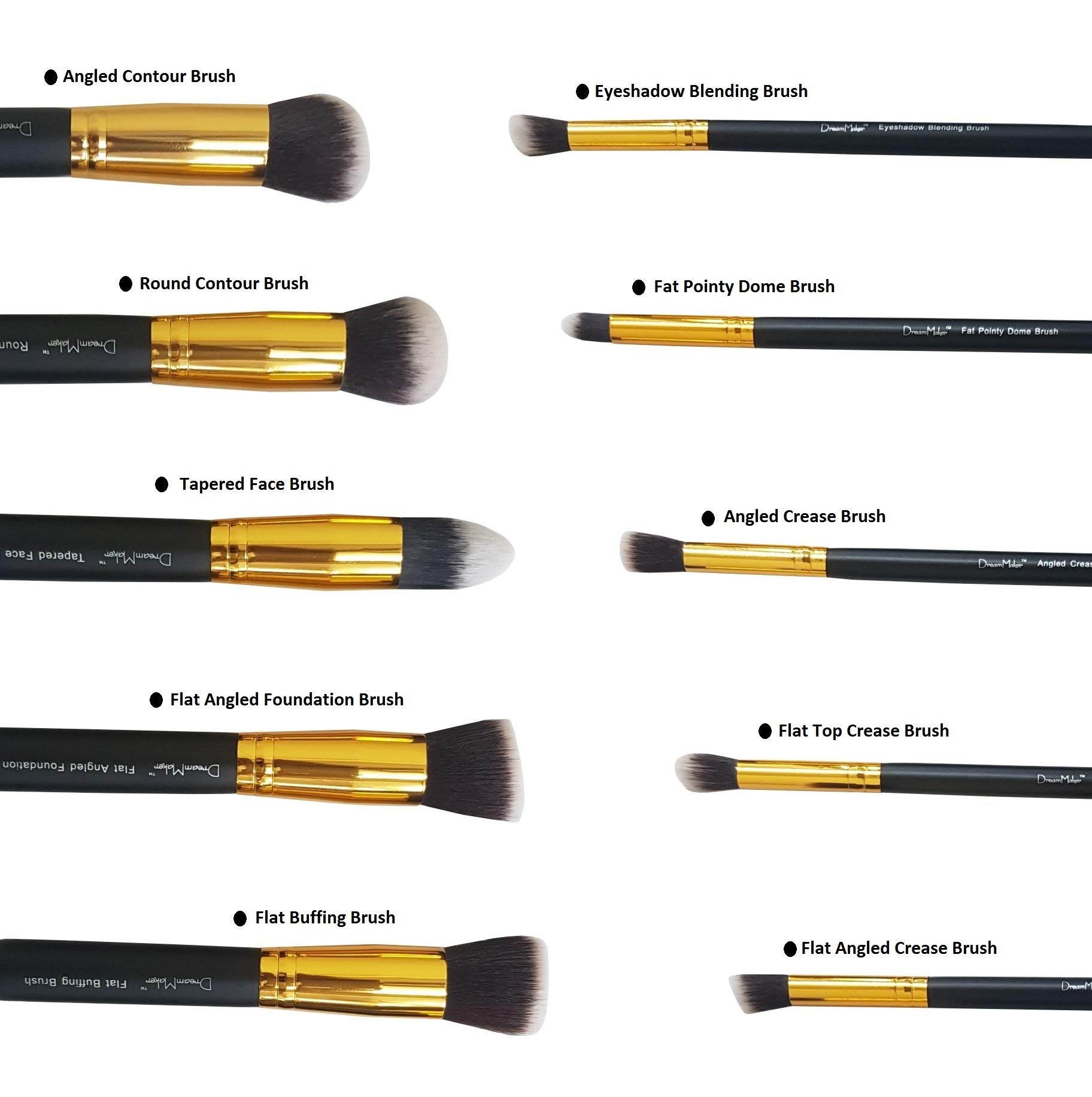 Dream Maker 10 Piece Professional Makeup Brush Set - Kabuki Foundation, Eyeshadow Blending, Buffing & Contour Brushes | Synthetic Bristles (Black & Gold) | Perfect for Makeup Artists & Beauty Enthusiasts