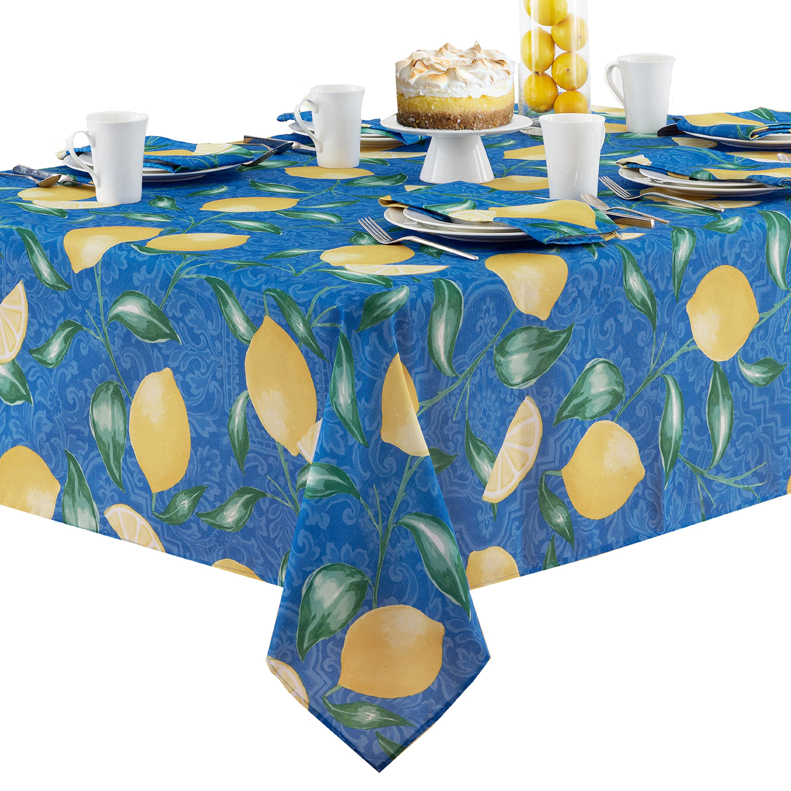 Newbridge Mediterranean Lemon Zest Tablecloth - French Provence Blue & Yellow Lemon Print - Water & Stain Resistant Indoor/Outdoor Fabric - 60x102 Inch Rectangle - Perfect for Picnics, Patio Dining & Kitchen Decor