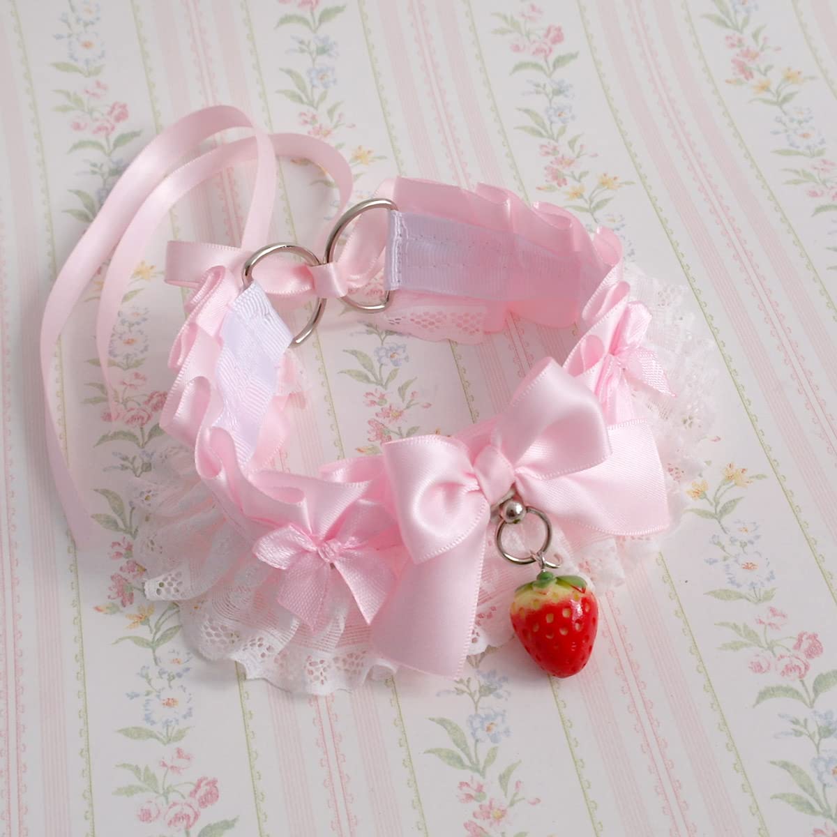 Red Strawberry Baby Pink Choker Necklace - Kawaii Kitten Play Collar with White Lace Ruffles Bow | Cute DDLG Neko Girl Accessories (19, Pink) | Perfect for Cosplay, Anime Conventions & Kawaii Fashion Outfits