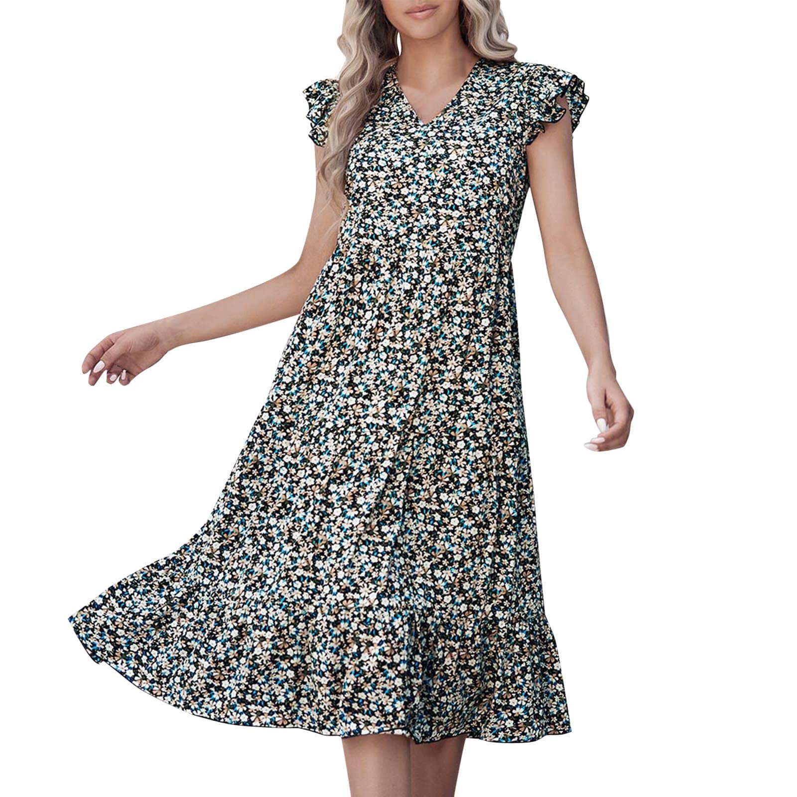 Women's White Summer Dress - Floral & Geometric Print Short Sleeve Maxi Dress with Belt | Beach Vacation, Garden Party & Casual Outfit
