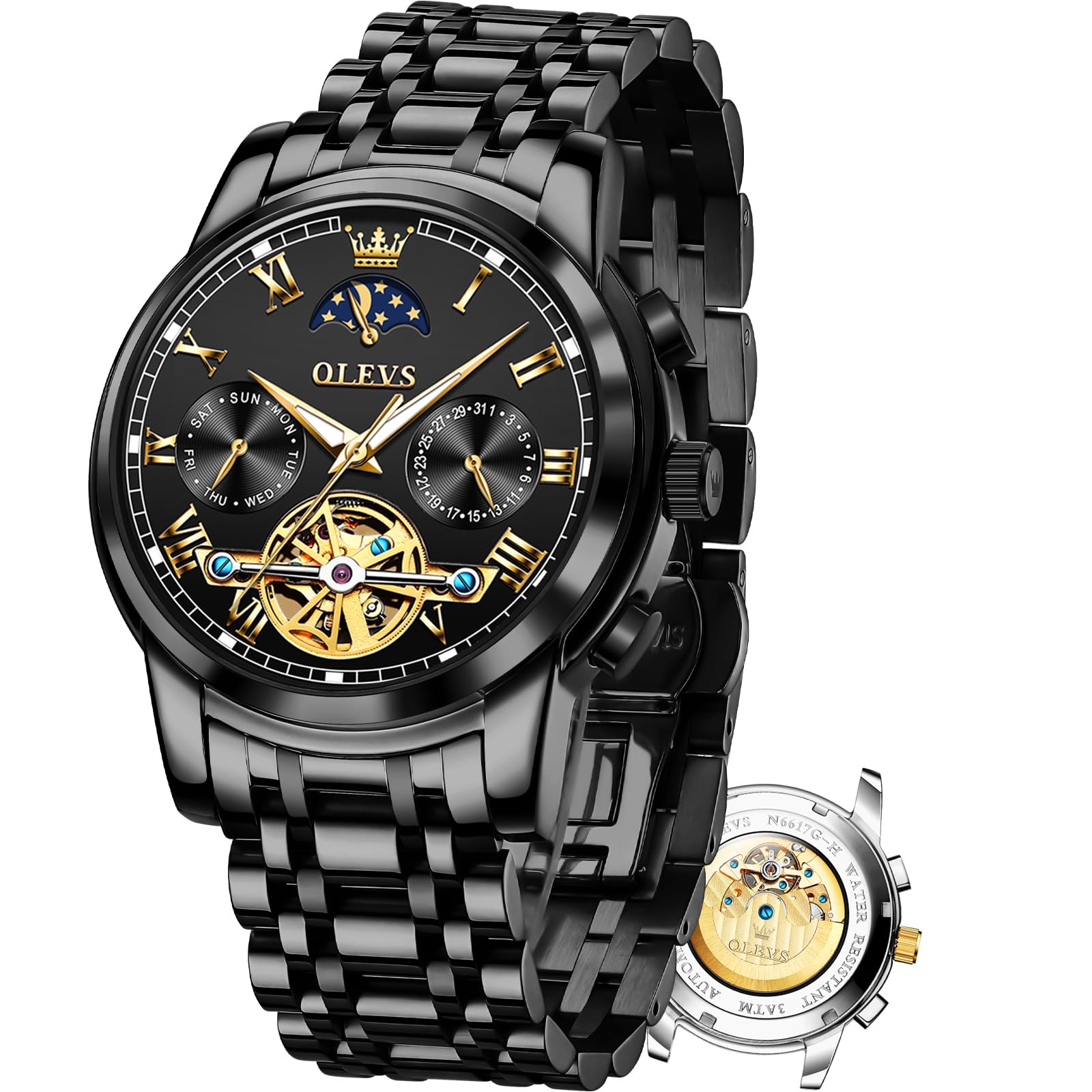 OLEVS Men's Automatic Self-Winding Skeleton Mechanical Tourbillon Watch - Black, Blue, Green, Silver | Luxury Dress Watch for Business, Formal & Casual Wear