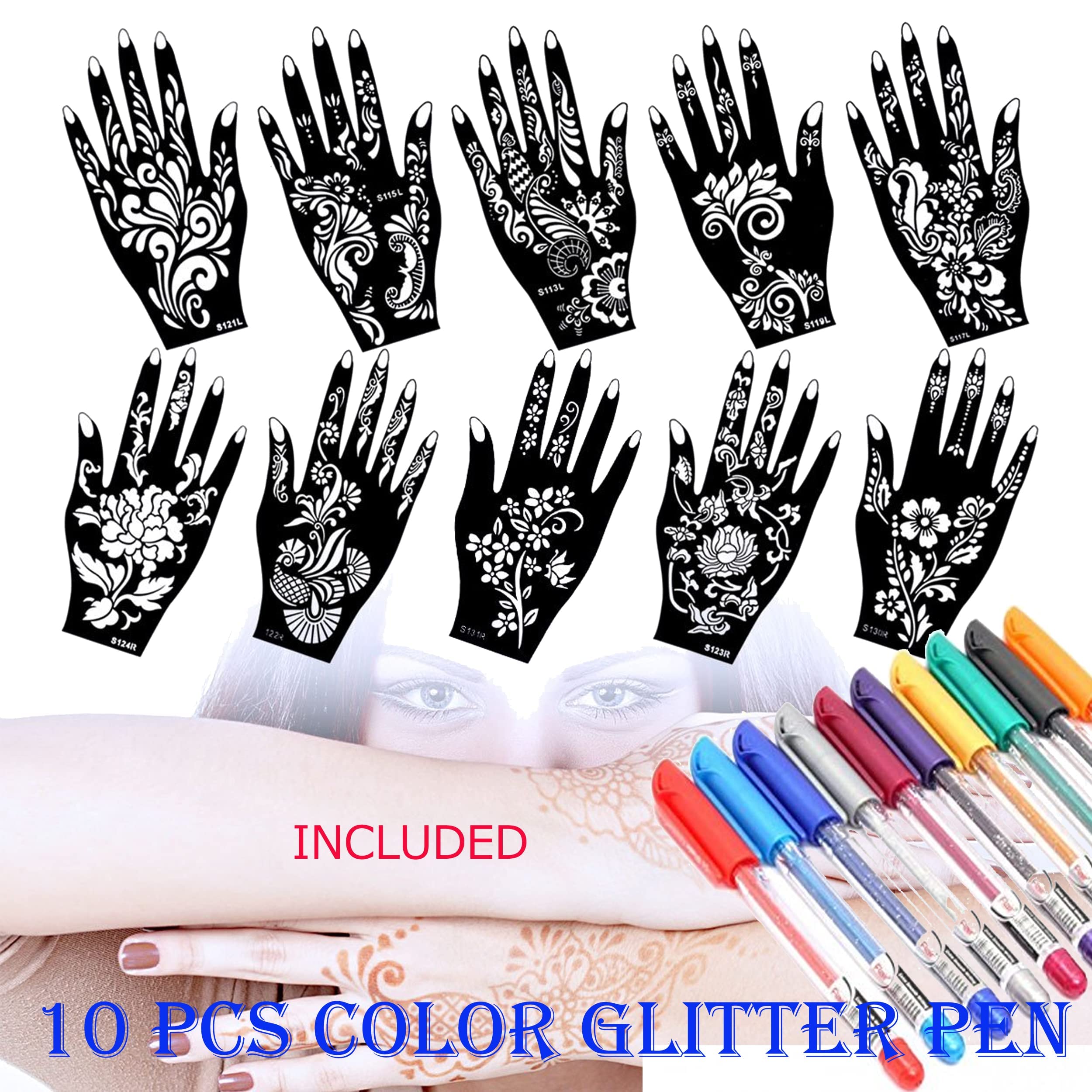 10 Sheets Henna Tattoo Stencils Kit - Temporary Indian & Arabian Body Art Designs for Hands & Feet with Glitter Pen - Perfect for Festivals, Weddings & DIY Body Painting
