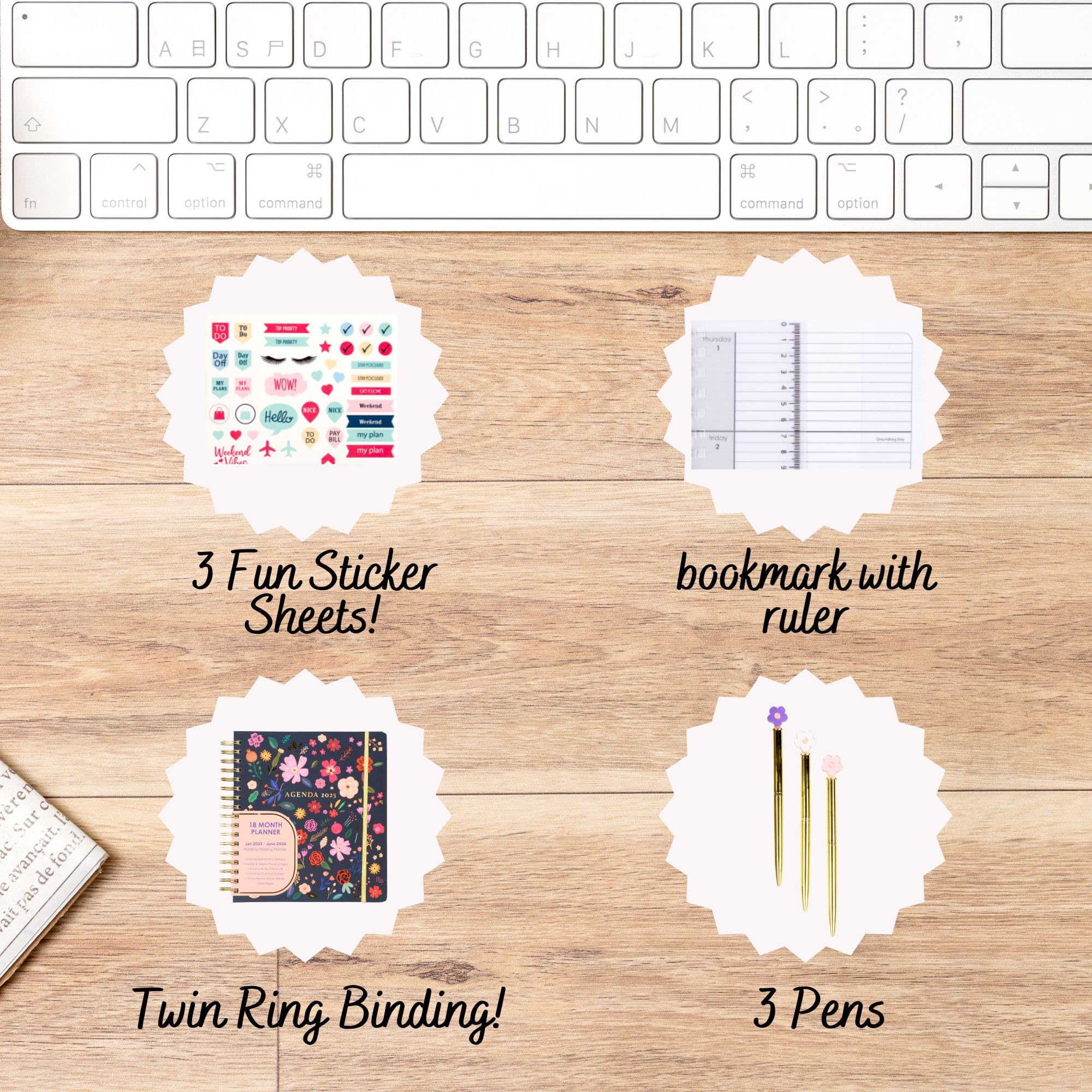 Votum 18-Month Large Academic Planner 2025-2026 (January 2025 - June 2026) - Daily Weekly Monthly Organizer with Twin-Ring Binding, Blue Floral Design, 3 Sticker Sheets & Notes Pages - Perfect for School, Work, College Students & Office Professionals