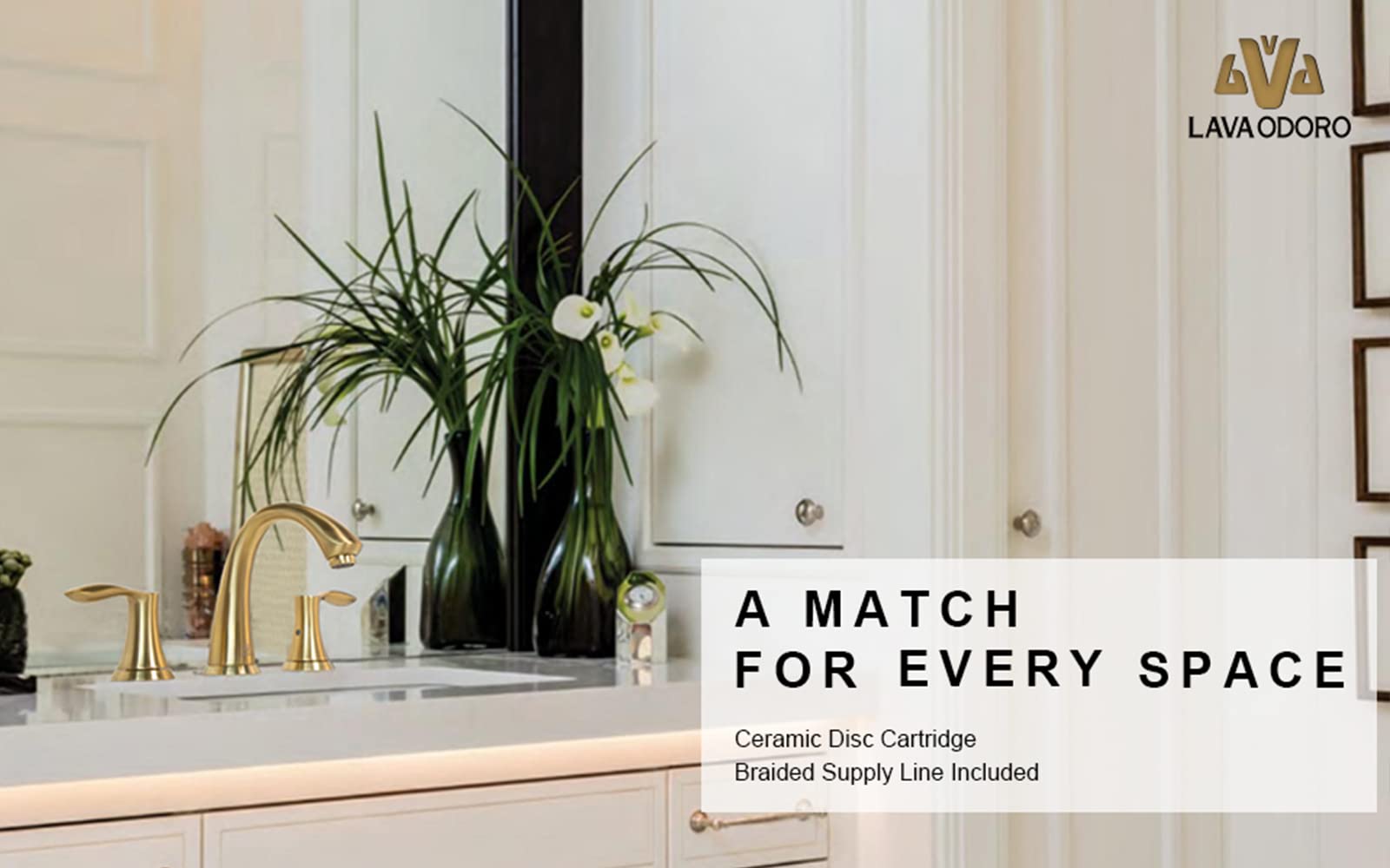 Lava Odoro Valenvoir Brushed Gold 8 Inch Widespread Bathroom Faucet - 3 Hole 2 Handle Vanity Sink Faucet with Drain Assembly & Supply Lines (BF405-SG) for Modern Bathroom Renovation & Home Upgrade