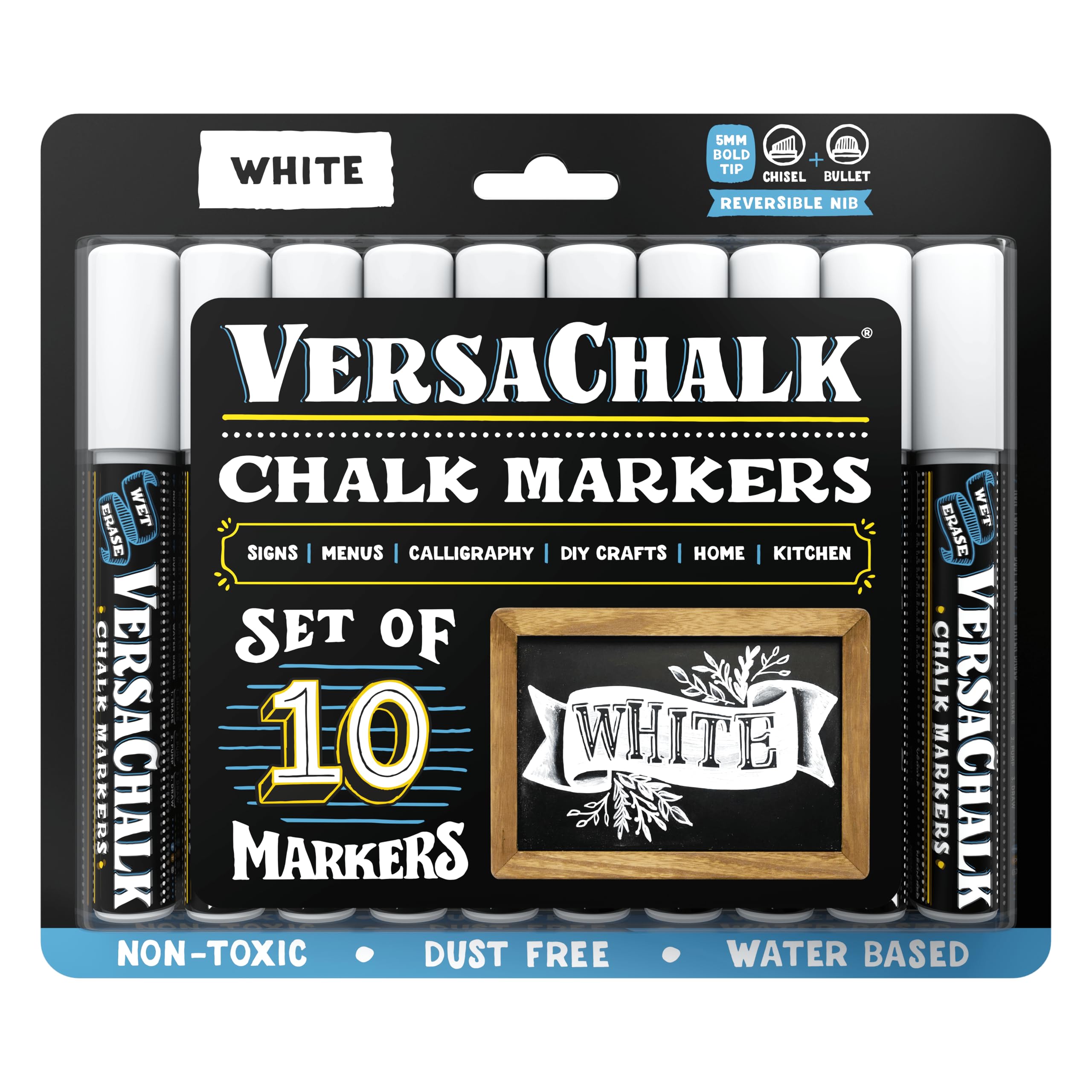 VersaChalk White Liquid Chalk Markers - 10 Pack with 5mm Bold Tip | Erasable & Washable Chalkboard Pens for Blackboards, Windows, Glass & Non-Porous Surfaces | Perfect for Restaurant Menus, Classroom Teaching, Retail Signs & DIY Home Decor