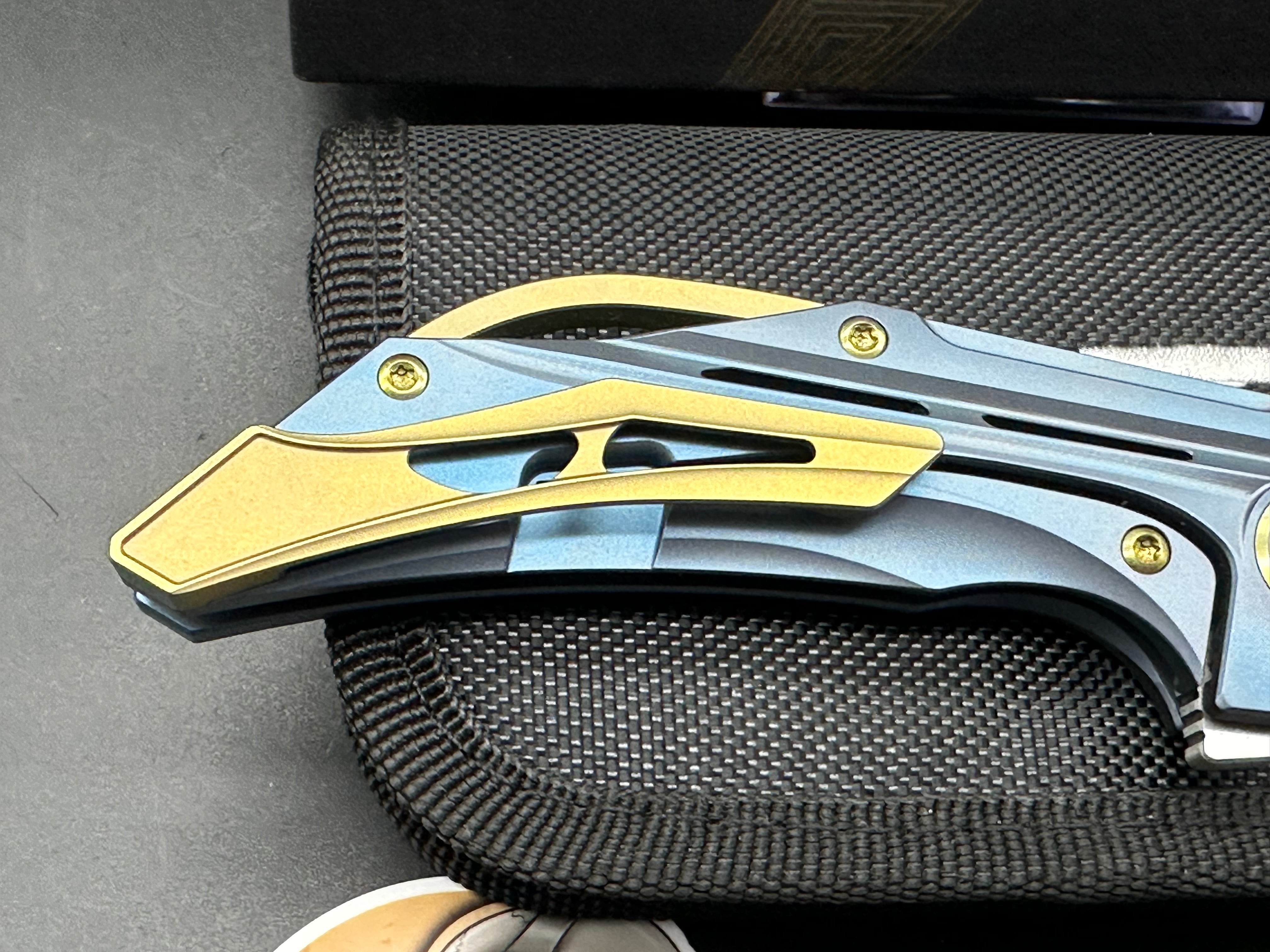 Bestech Kombou Vigil Folding Knife - Blue Titanium Handle, Gold Hardware, M390 Steel Blade, Drop Point, Satin Polish | EDC, Outdoor Survival, Camping, Hunting Gear