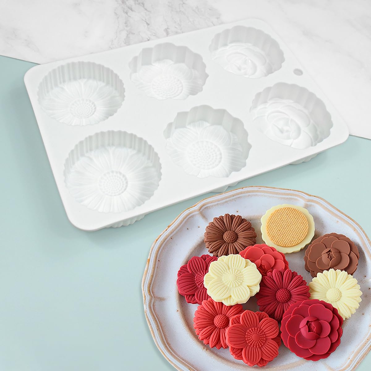 Mostsom 6-Cavity Flower Silicone Cake Mold - DIY Baking Tool for Cupcakes, Bread, Mooncakes - Reusable Non-Stick Silicone Mould for Home Baking & Party Dessert Decorations