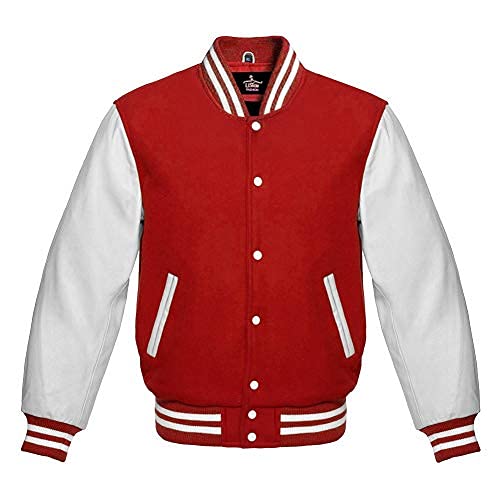 Premium Wool & Genuine Leather Varsity Jacket - Baseball Letterman Bomber with White Leather Sleeves for School & College | Perfect for Sports Teams, Campus Fashion & Casual Outfits