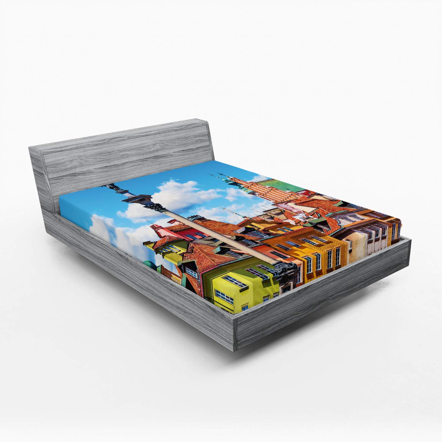 Ambesonne Full Size Fitted Sheet - Scenic Summer Castle Square Sigismund Column Old Town Warsaw Poland Design - Deep Pocket Elastic Bed Cover for Comfort - Perfect for Guest Rooms, Vacation Homes & Dorm Rooms - Multicolor