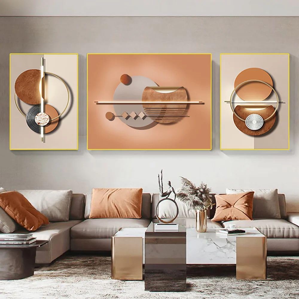 Abstract Wall Art Set of 3 - Modern Geometric Canvas Paintings with Frame - Wall Decor for Living Room, Bedroom & Office - Home & Office Decor