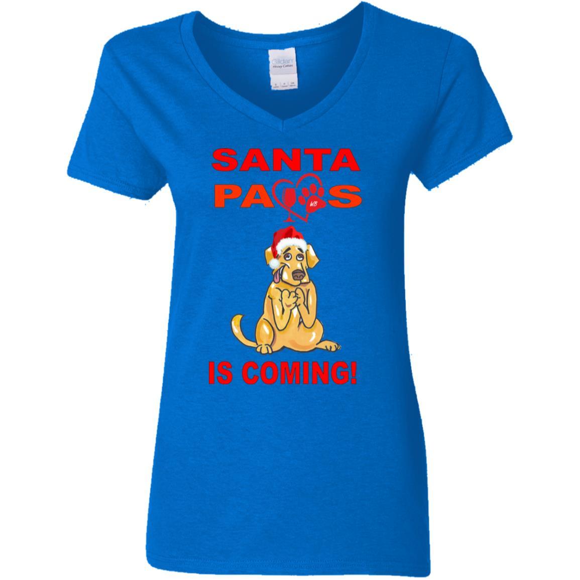 Santa Paws Is Coming - Funny Christmas Dog Lovers T-Shirt for Women - Soft 5.3 oz V-Neck Cotton Tee - Perfect Gift for Pet Owners & Holiday Parties