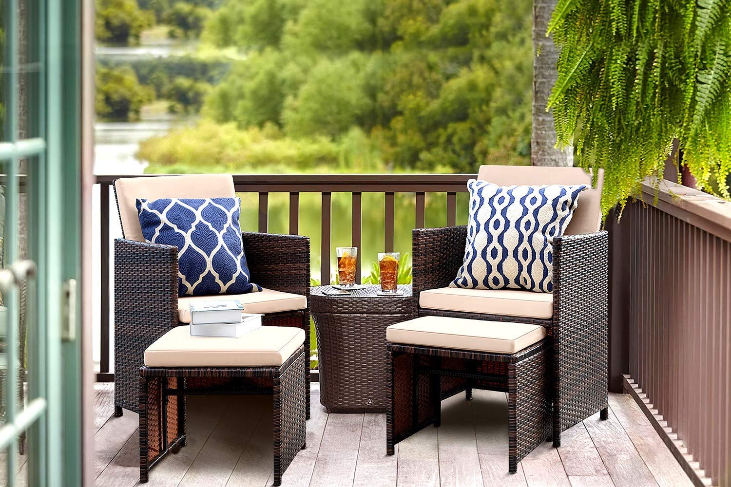KaiMeng 4-Piece Patio Furniture Set - Space-Saving Outdoor Wicker Rattan Dining Sofa Chairs with Cushions & Ottomans in Brown/Black/Beige - Perfect for Balcony, Porch, Garden & Backyard Relaxation