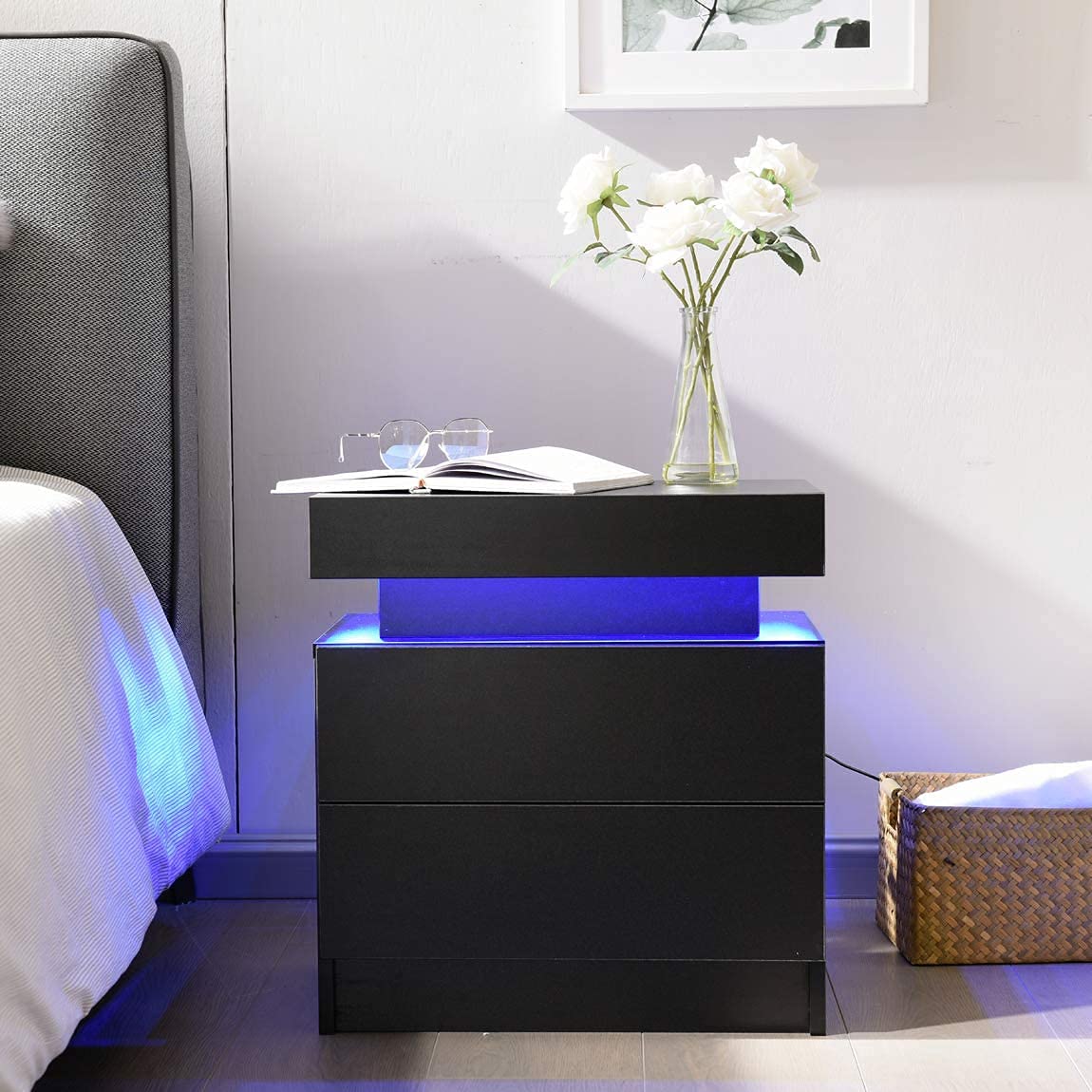 Upgraded LED Nightstand with RGB Lights - Modern Black Bedside Table with 2 Drawers & High Gloss Finish - Stylish Bedroom Furniture for Home Decor | Perfect for Small Spaces, Guest Rooms & Apartment Living