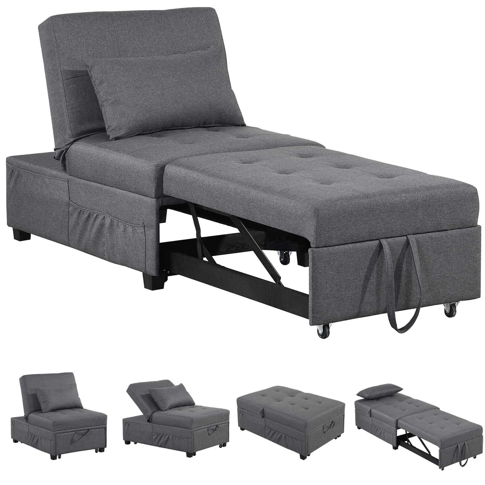 4-in-1 SAMERY Convertible Chair Bed - Pull Out Sleeper Sofa with Adjustable Backrest | Space Saving Modern Futon for Living Room, Small Apartment & Guest Room (Perfect for Overnight Guests & Studio Apartments)