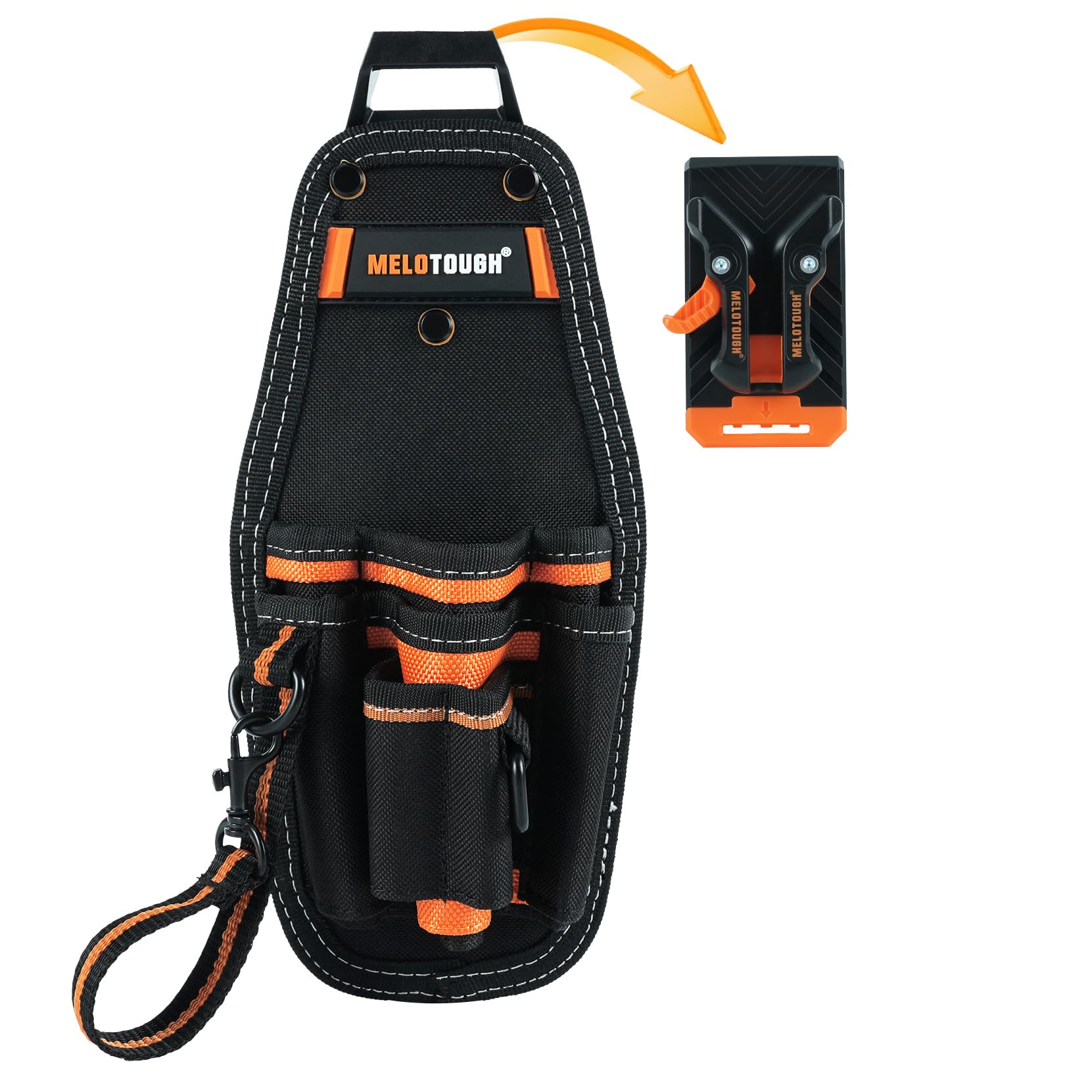 MELOTOUGH Small Tool Pouch with Quick Release Belt Clip - Compact Work Organizer with Tape Thong Strap for Electricians, Carpenters & DIY Projects | Durable Tool Belt Accessory for Home Repair & Construction Work