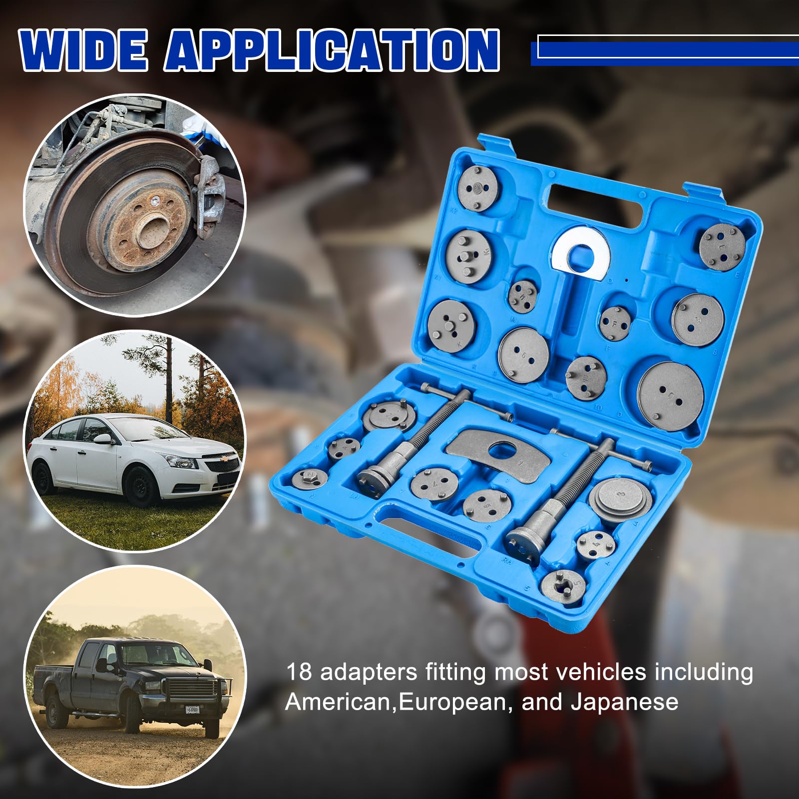 DASBET 24pcs Heavy Duty Disc Brake Caliper Tool Set - Professional Brake Caliper Compressor & Wind Back Tool Kit for Car & Truck Brake Repair (Blue) - Perfect for Mechanics & DIY Auto Maintenance