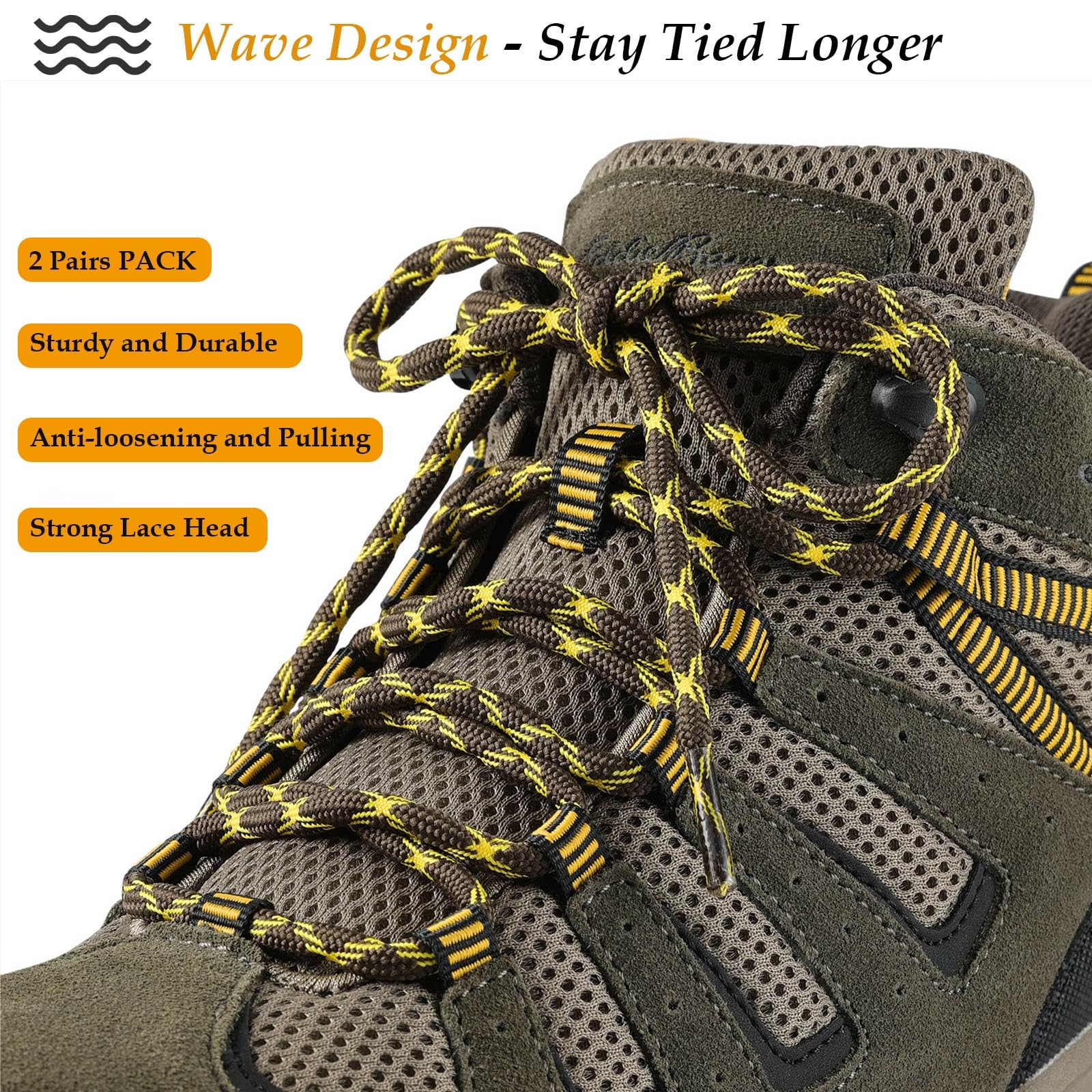 Stepace Wave Round Boot Laces - 2 Pairs Heavy Duty Shoelaces for Work Boots & Hiking Shoes | Durable & Non-Slip Design for Outdoor Activities, Construction & Daily Wear