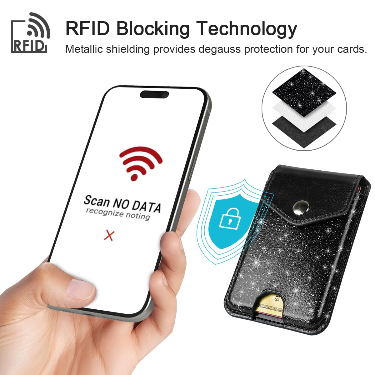 Self Adhesive Card Holder for Phone Back - Leather RFID Blocking Phone Wallet with Snap Closure - Glitter Black Card Sleeve for Phone Case - Perfect for Hands-Free Shopping, Travel & Contactless Payments