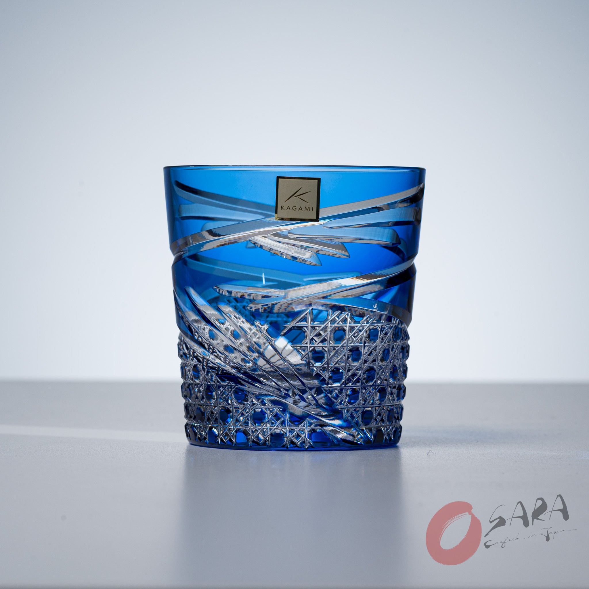 KAGAMI Crystal Edo Kiriko Rock Glass - Dance Blue - Handcrafted Japanese Cut Glass Whiskey Tumbler - Perfect for Cocktails, Whiskey & Home Bar Decor