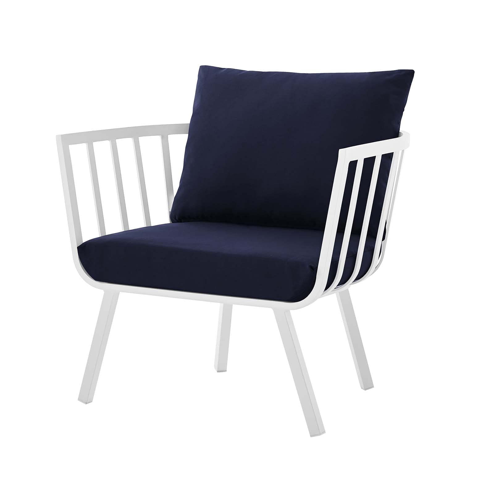 Modern Outdoor Lounge Chair Armchair Set of 2 - Aluminum Metal Frame with White Blue Navy Cushions - Perfect for Patio, Cafe, Bistro & Backyard Relaxation