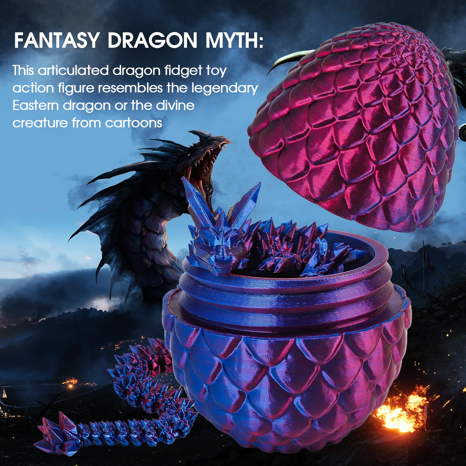 3D Printed Dragon Egg Fidget Toy - 12 Inch Desk Decor for Office & Home (Laser Yellow Green) - Stress Relief for ADHD/Autism