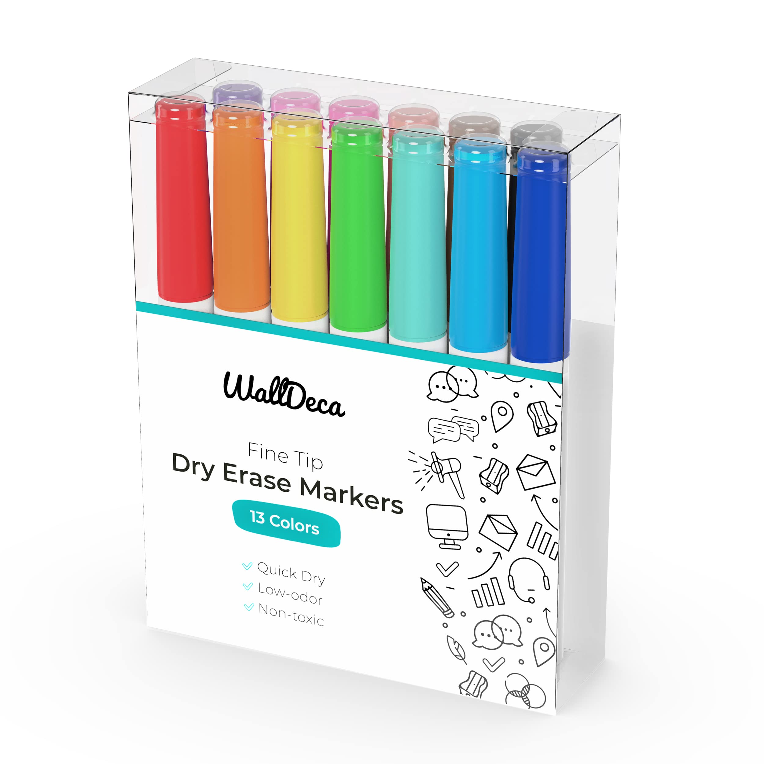 Low-Odor Dry Erase Markers - Fine Tip Whiteboard Markers (13 Assorted Colors) for Classroom, Office & Home Use - Erasable Calendar Markers for Teachers, Students & Professionals