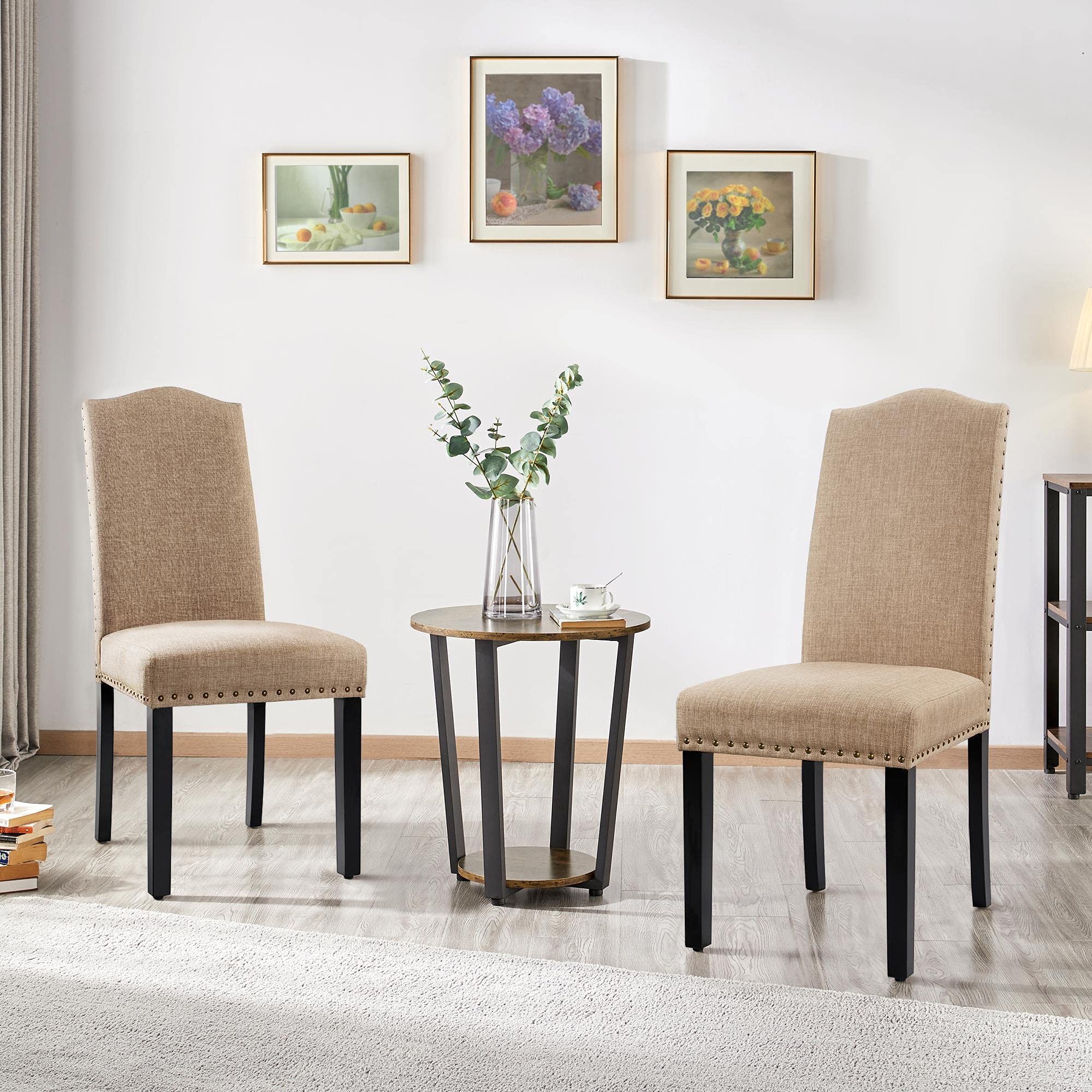 Premium Fabric Upholstered Parson Dining Chairs Set of 2 - Classic Style with Rubber Wood Legs & Leather Cushion for Kitchen, Dining Room, Living Room or Hotel | Comfortable Seating for Family Gatherings & Dinner Parties (Khaki)