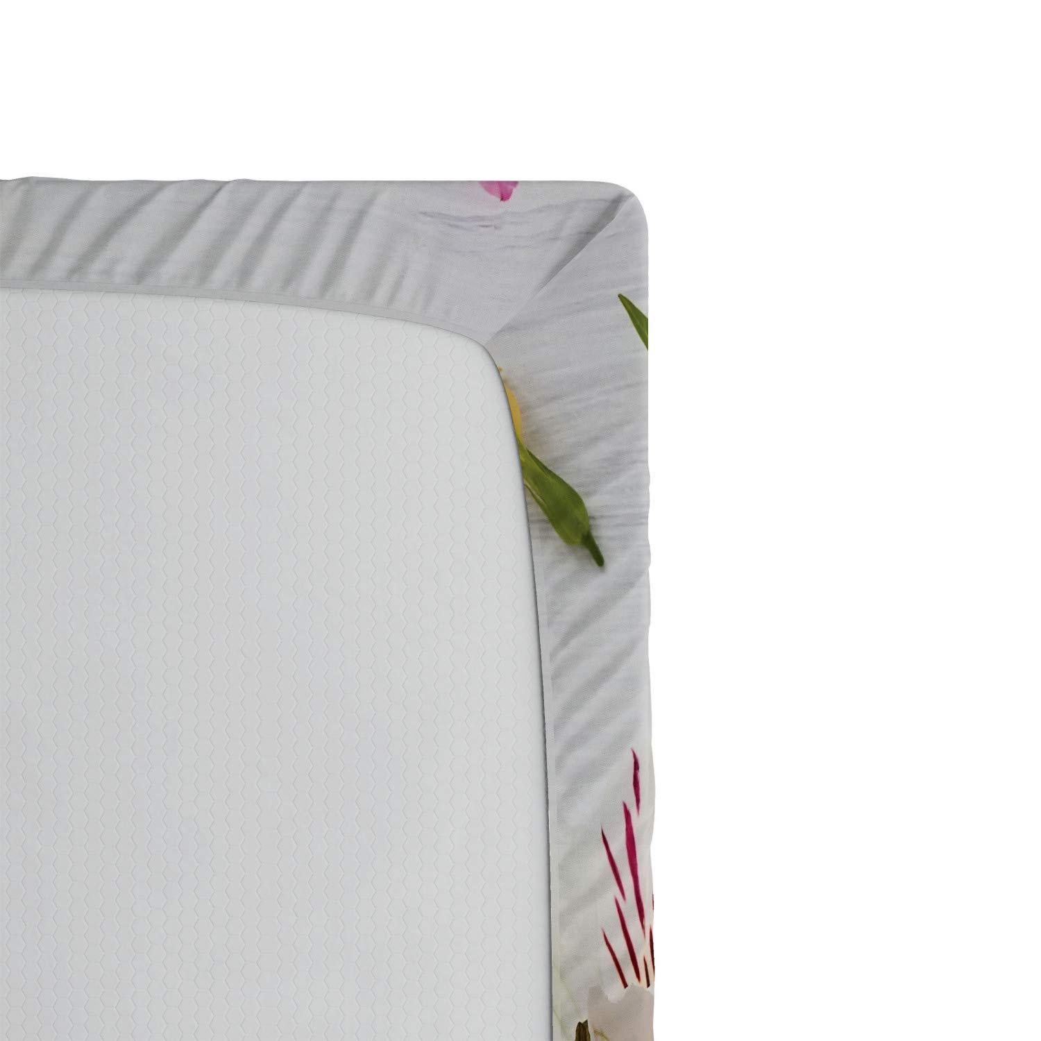 Ambesonne Rustic Queen Size Fitted Sheet - Floral Ranunculus & Rose Design on Wood Backdrop, All-Around Elastic Deep Pocket for Secure Fit, Spring Bedding Collection | Perfect for Guest Rooms, Vacation Homes & Cozy Bedroom Decor