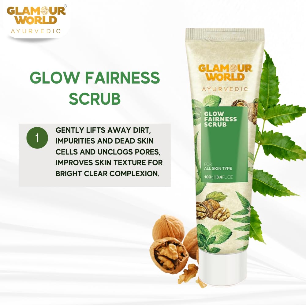 Glamour World Ayurvedic Glow Fairness Scrub - Natural Exfoliator with Neem, Walnut & Saffron Oil for Gentle Cleansing & Skin Brightening | Removes Dirt & Impurities | Perfect for Daily Skincare Routine & Glowing Complexion