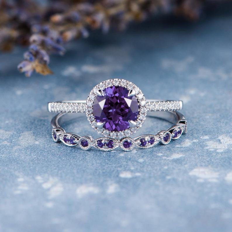 Amethyst Engagement Ring & Wedding Band Set - 14K White Gold with Diamonds, February Birthstone Jewelry Gift for Women, Anniversary, Promise, Valentine's Day - Perfect for Proposals, Weddings & Special Occasions