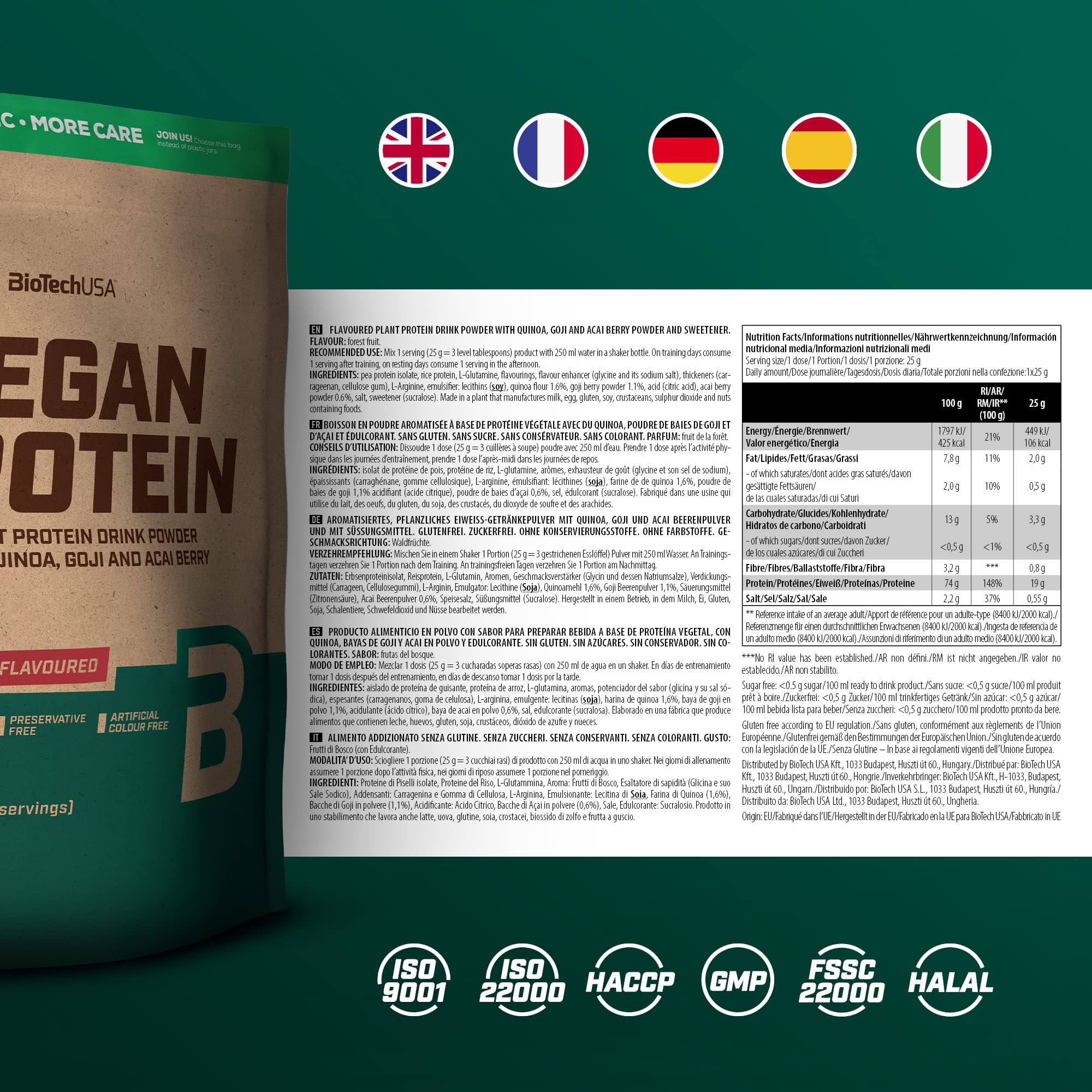 BioTechUSA Vegan Protein Powder - Forest Fruit Flavor, 500g | Plant-Based Protein Supplement for Muscle Recovery & Post-Workout | Ideal for Smoothies, Baking & Healthy Snacks