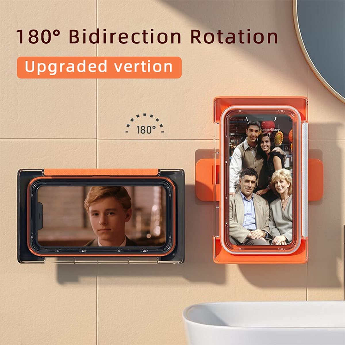 Waterproof Shower Phone Case - Touch Screen Bathroom Holder for Wet Areas (Orange Rotating)