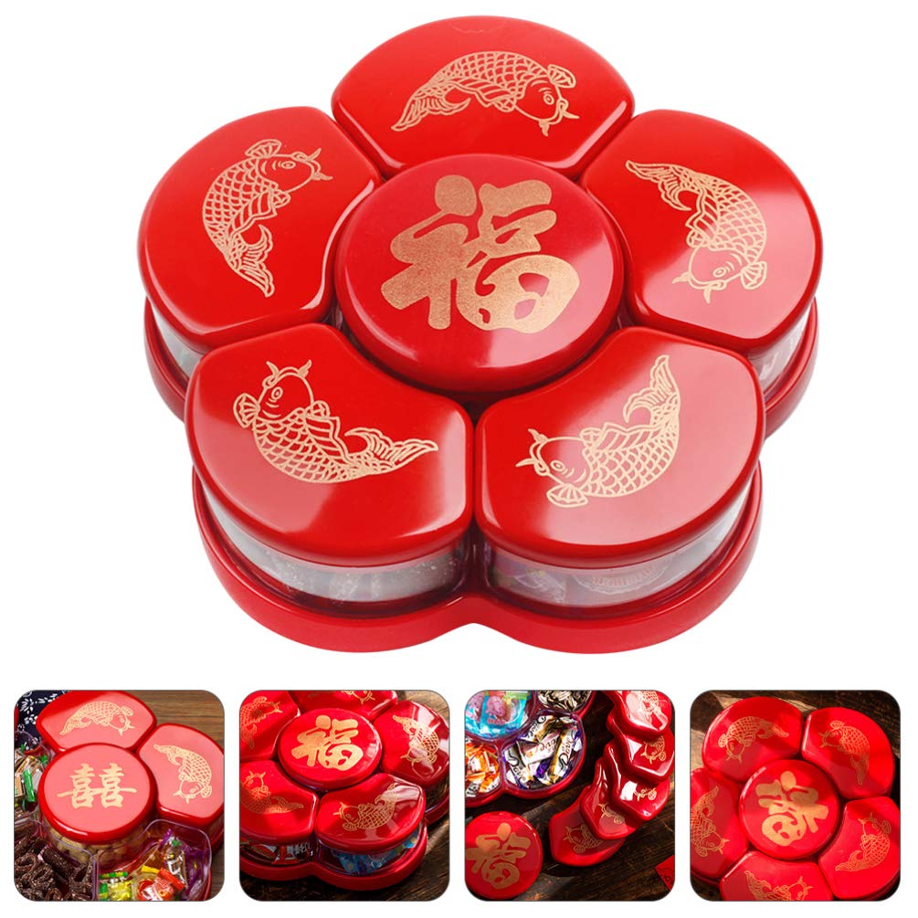 Hemoton 6-Compartment Rotating Candy Dish with Lid - Snack Storage Tray for Dried Fruits, Nuts, Chocolates - Perfect for Home, Chinese New Year, Wedding Party, Office Snacks (Red)