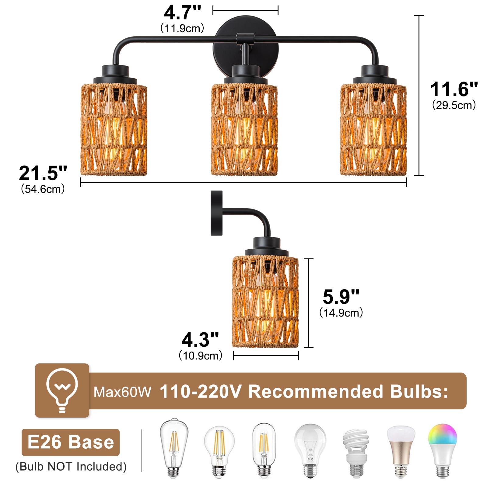 3-Light Rustic Farmhouse Vanity Lighting - Boho Rattan Wall Sconce with Hand Woven Design for Bathroom Mirror, Bedroom & Hallway - Natural Style Wall Mounted Fixture for Home Decor