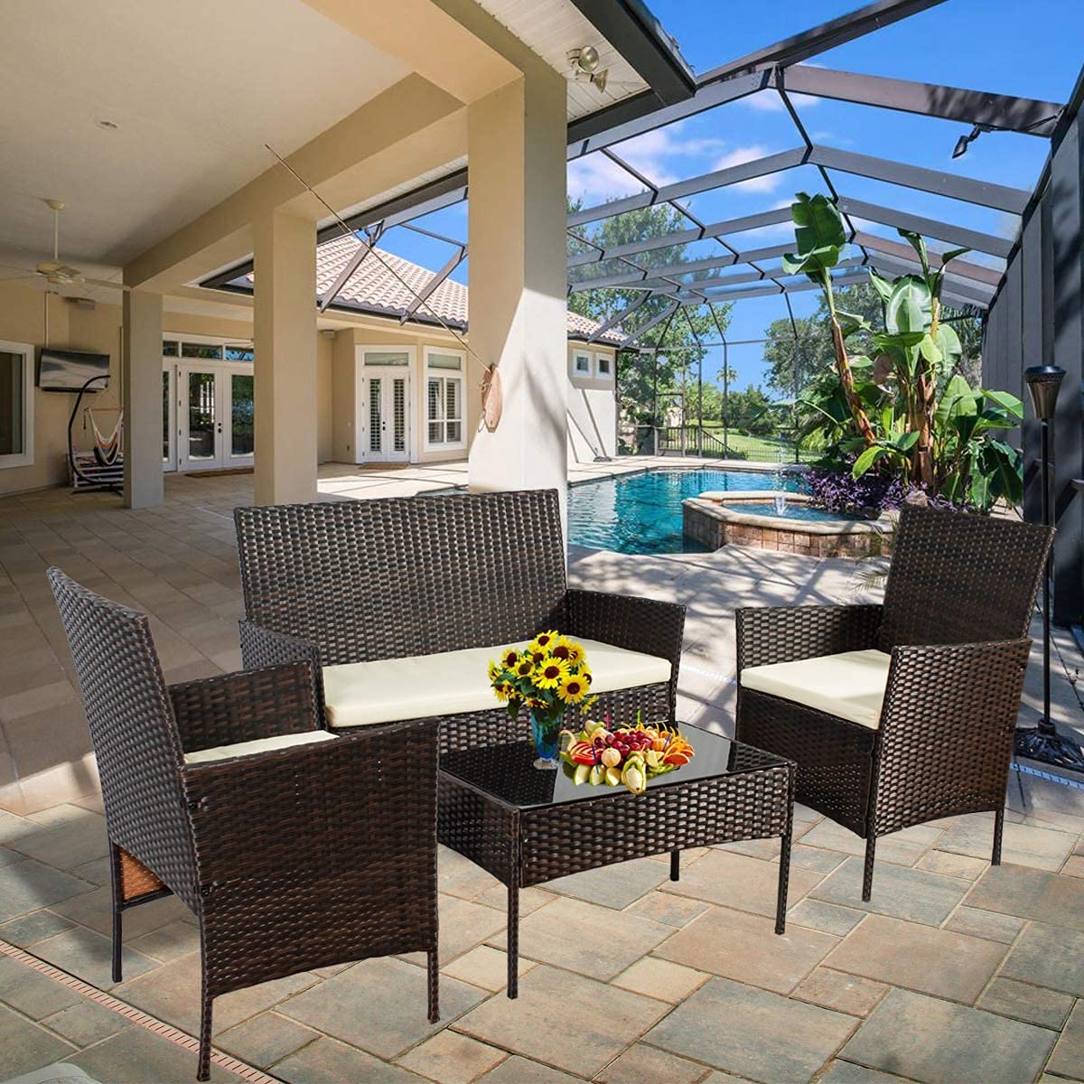 4-Piece Outdoor Patio Rattan Furniture Set with Cushions - Weather-Resistant Wicker Conversation Set for Balcony, Garden, or Indoor Use - Includes Coffee Table & Chairs for Relaxing & Entertaining