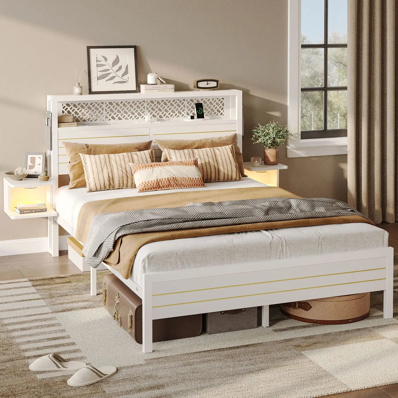 Bestier Full Bed Frame with Horizontal Golden Stripe Storage Headboard - Sturdy Metal Platform Bed with Underbed Storage Space - Perfect for Small Bedrooms, Guest Rooms & Dormitories