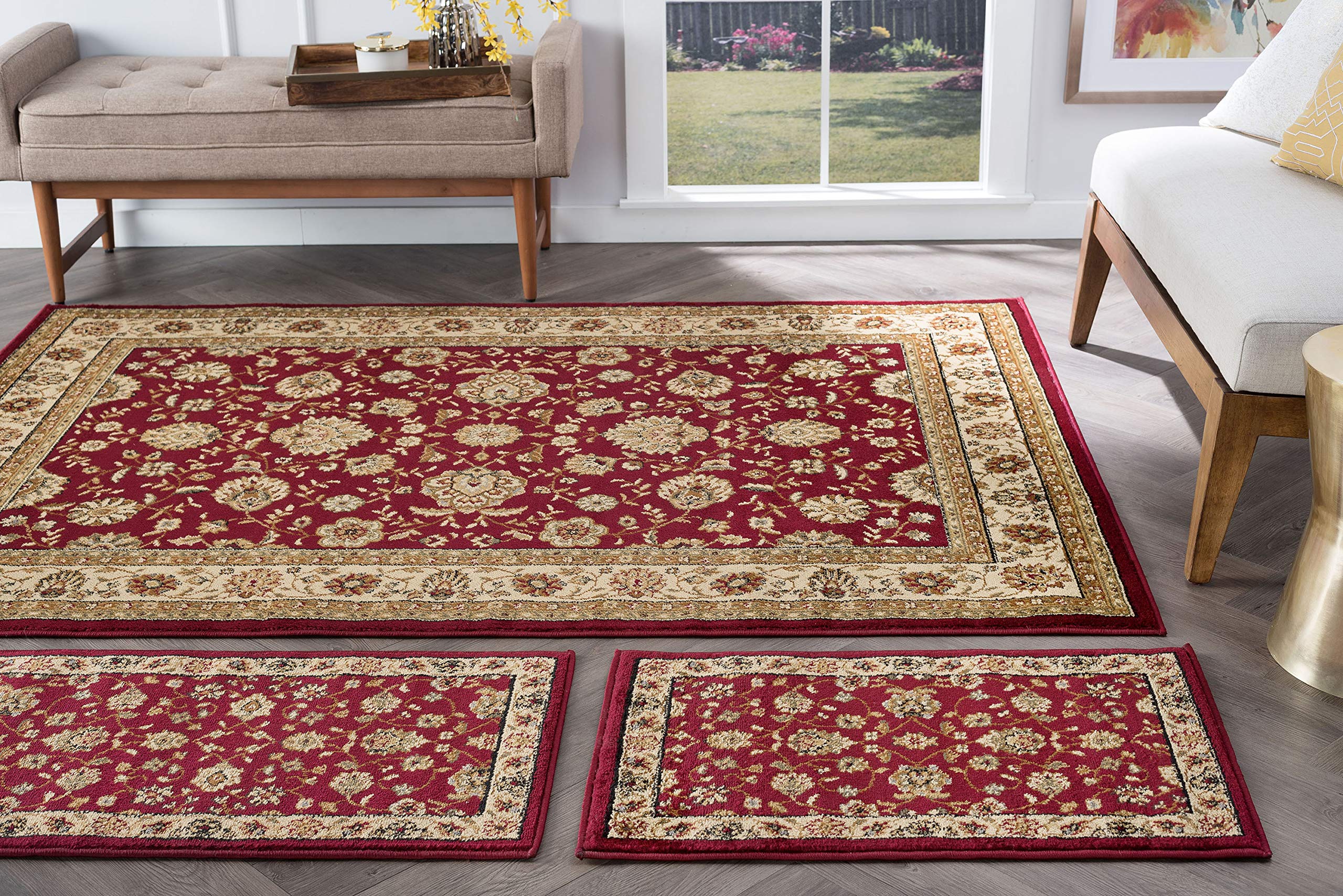 Tayse Raleigh Red 3-Piece Traditional Floral Area Rug Set for Living Room, Bedroom & Home Decor - Soft & Durable Floor Covering for Cozy Spaces