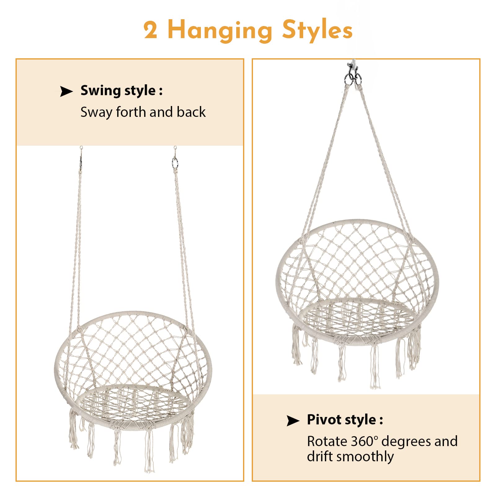 Bohemian Style Macrame Hammock Chair Swing Set of 2 - Handmade Knitted Cotton Rope Hanging Chair with Tassels for Indoor Outdoor Use (Bedroom, Patio, Garden) - Supports Max 330 lbs - Beige & Black - Perfect for Relaxation, Meditation and Boho Home Decor