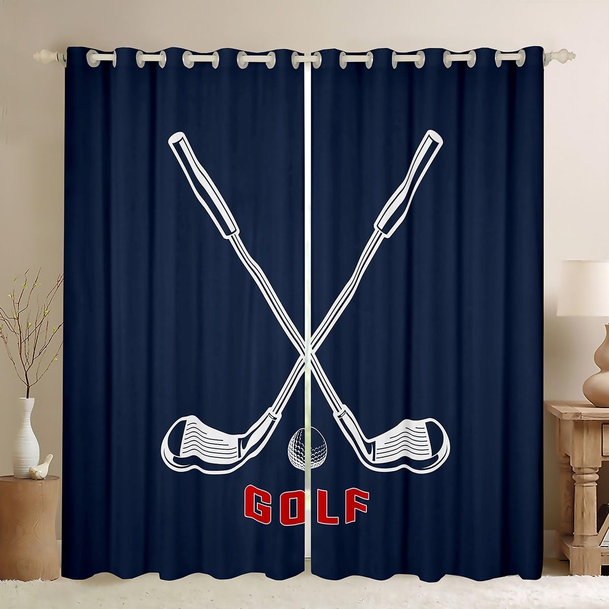 Premium Golf Ball Window Curtains - White & Navy Blue Modern Golf Theme Drapes for Kids, Boys, Men & Adults (38