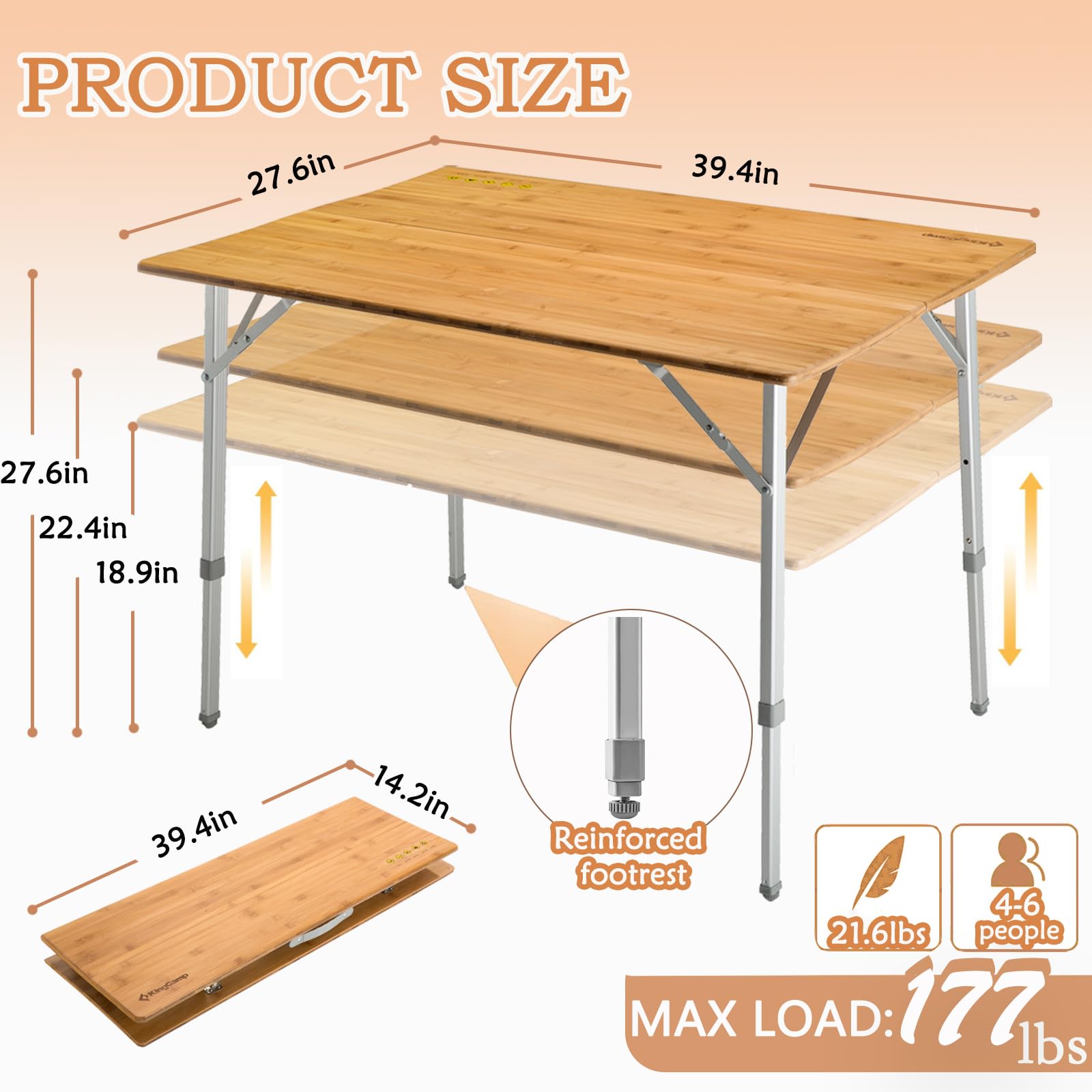 KingCamp Adjustable Height Bamboo Folding Camping Table with Aluminum Legs - Portable 2-Fold Outdoor Picnic Table for 4-6 People | Perfect for Camping, Backyard BBQs, Beach Trips & Tailgating Parties