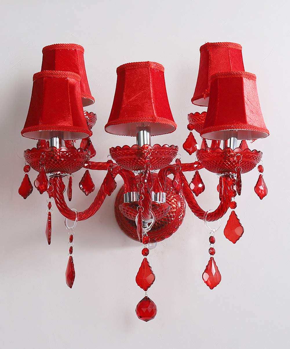 Elegant Aiwen 5-Light Red Crystal Glass Wall Sconce - Double Tier Bedroom Wall Lamp with Lampshade for Bedside Lighting | Perfect for Master Bedroom, Hallway & Living Room Decor