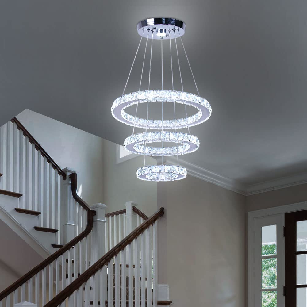 Modern 3-Tier Crystal LED Chandelier - Adjustable Round Pendant Light Fixture with Stainless Steel Frame for Dining Room, Bedroom & Living Room | Energy Efficient Cool White Lighting for Home Decor & Special Occasions