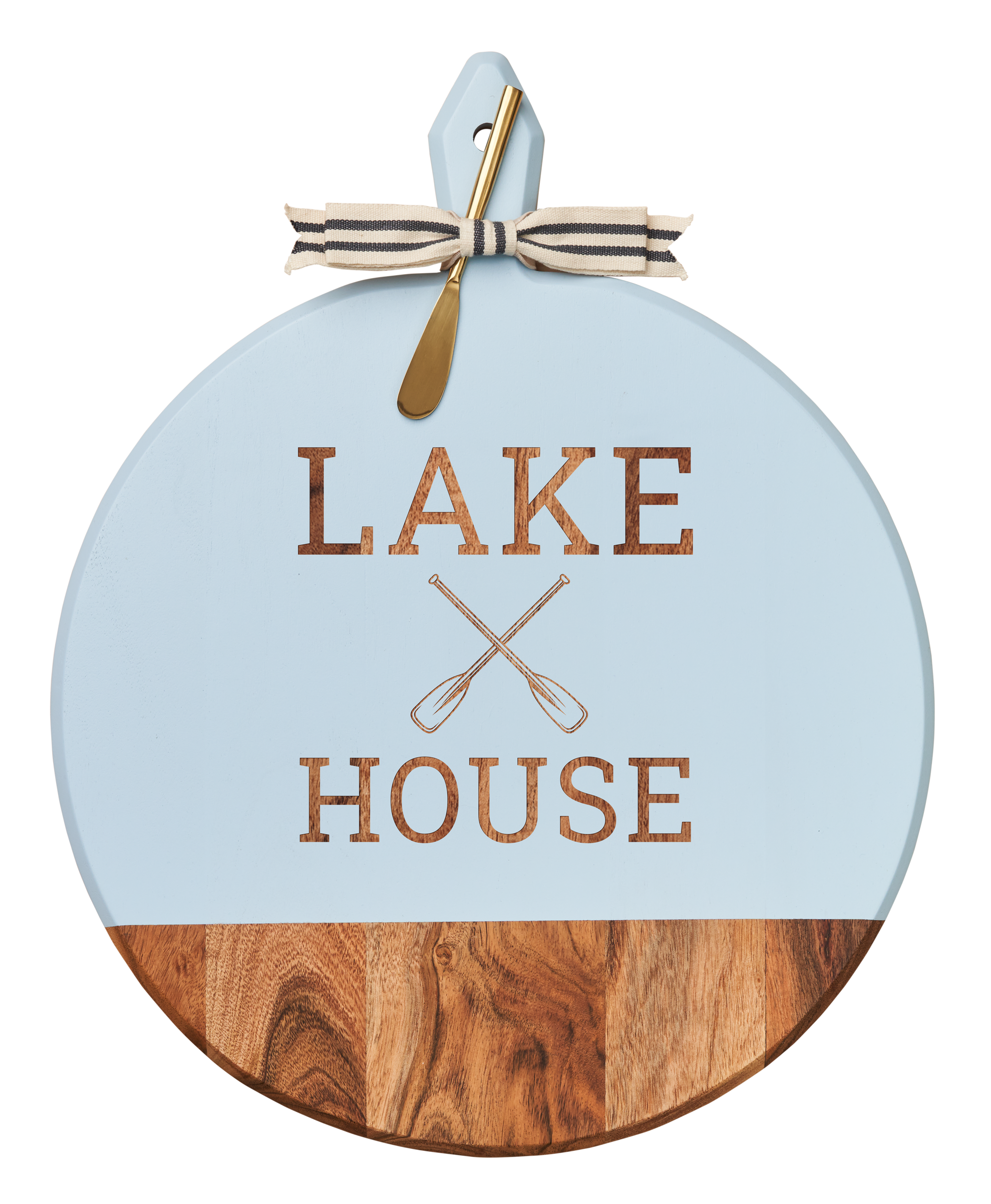 Acacia Heirloom Wooden Cheese Board with Handle - Round Charcuterie Tray with Gold Spreader & Gray White Ribbon - Perfect for Lake House Entertaining, Wine & Cheese Parties - 20 x 16 Inches